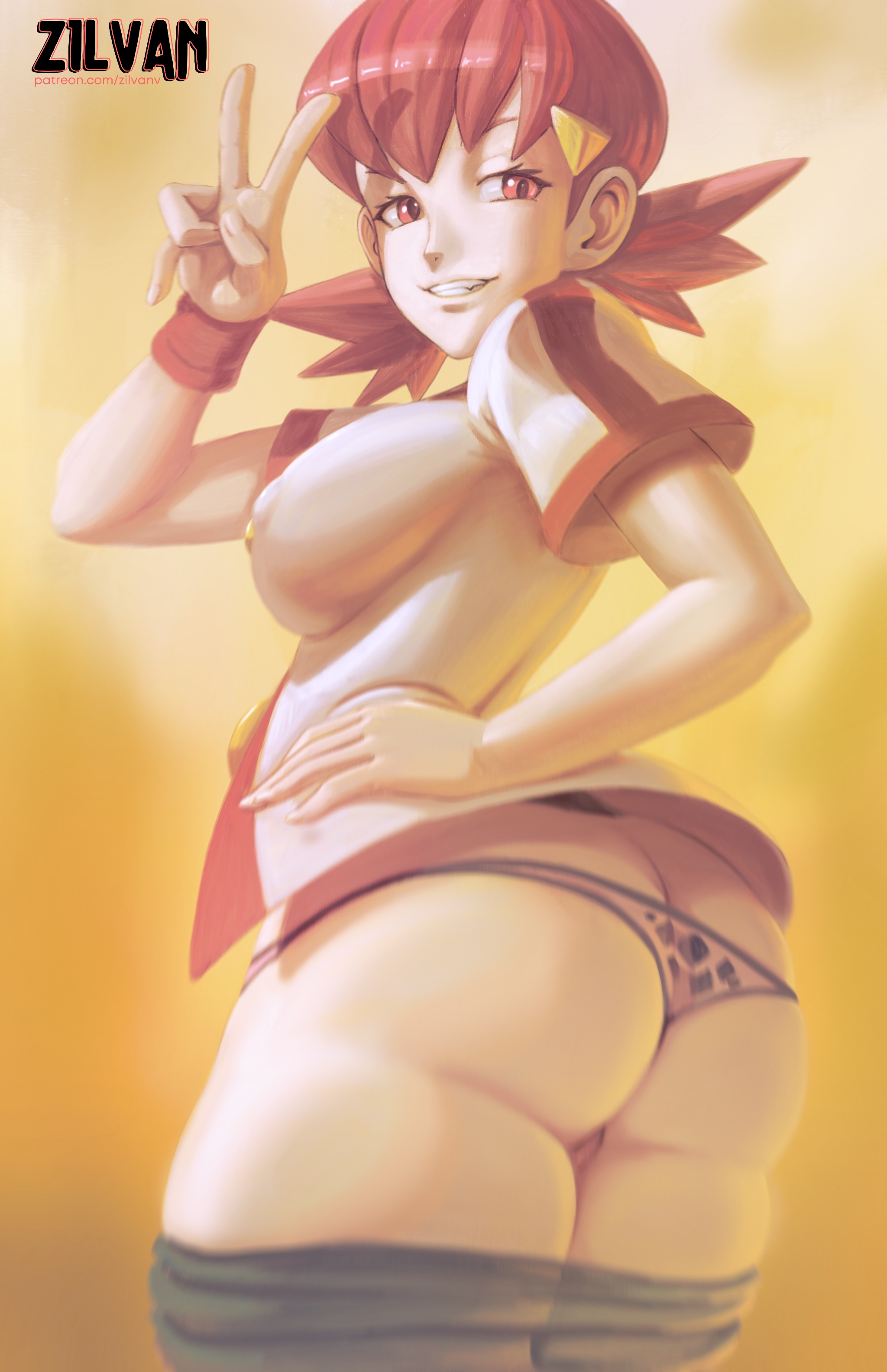 1girls, artist name, ass, ass crack, big ass, big breasts, breasts, bubble ass, bubble butt, busty, butt crack, clothes pull, fat ass, female, female only, grin, hand on own hip, highres, large breasts, legs, looking at viewer, looking back, low twintails, mooning, nintendo, pink eyes, pink hair, pink-haired female, pokemon, pose, posing, seductive smile, sensual, shirt, shorts, shorts down, shorts pull, sideboob, smile, solo, thick thighs, thighs, thong, twintails, v, whitney (pokemon), zilvan