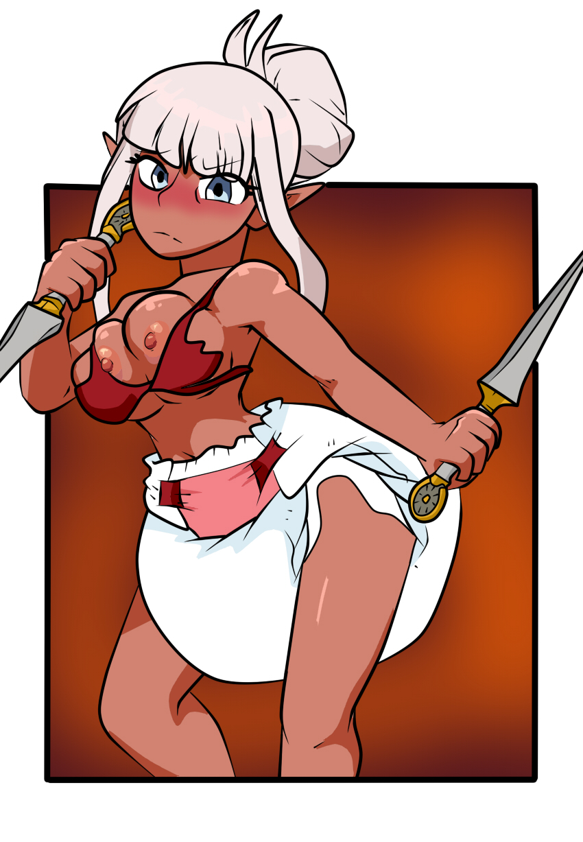 1girls big_breasts blush breasts dark-skinned_female dark_skin diaper diaper_critter dl_secret dnf_duel dungeon_and_fighter female kunoichi_(dungeon_and_fighter) nipples pointy_ears solo white_hair