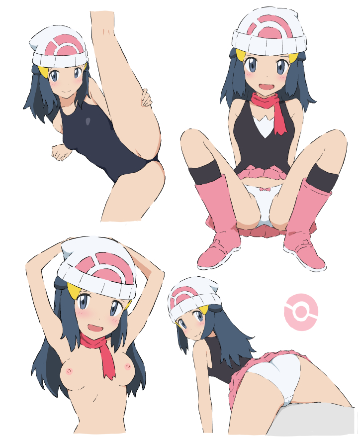 1girls, alternate breast size, armpits, ass, bow panties, breasts, dawn (pokemon dp), dawn (pokemon), female, looking at viewer, looking back, m legs, nintendo, panties, pokemon, pokemon dppt, ribbon panties, school swimsuit, skirt rolled up, skirt up, swimsuit, tagme, tdtk18, upskirt, white panties