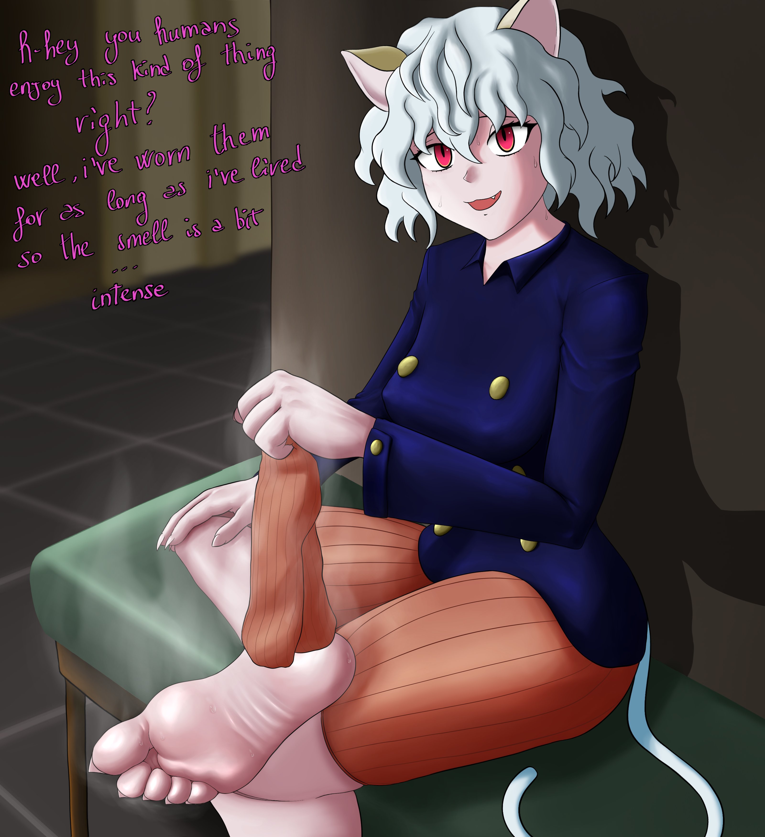 1girls, cat ears, cat tail, clothing, embarrassed, english text, feet, female, female only, foot fetish, footwear, hunter x hunter, looking at viewer, lwd unit, neferpitou, pov, smell, socks, solo, text