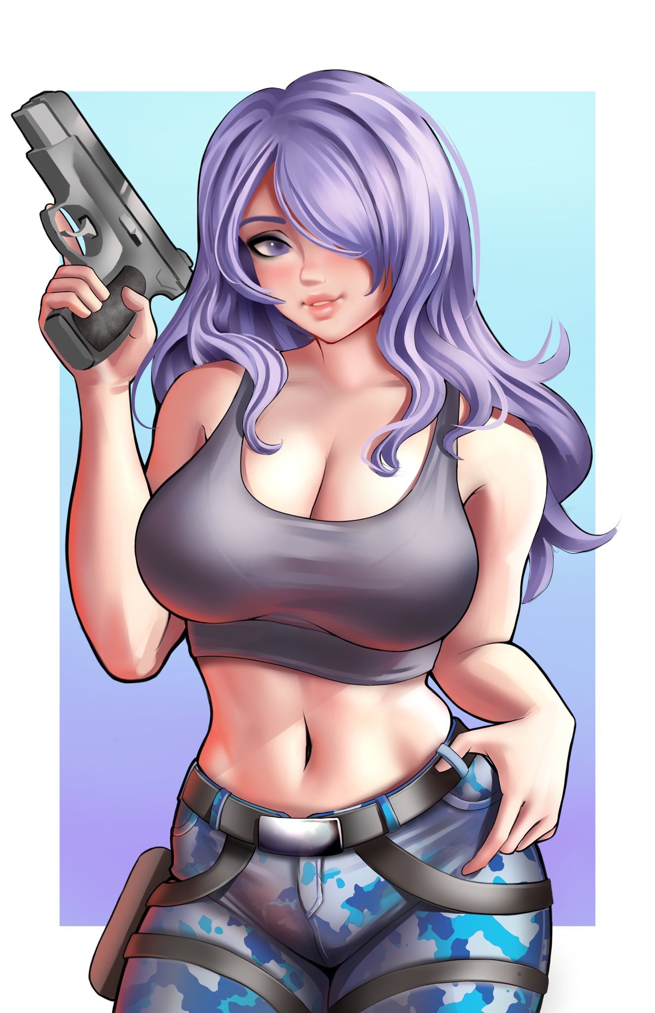 1girls 2023 alternate_costume belt breasts camilla_(fire_emblem) camo cleavage female female_only fire_emblem fire_emblem_fates glock gun hair_over_one_eye highres jackary_draws large_breasts light-skinned_female light_skin long_hair navel nintendo purple_eyes purple_hair solo