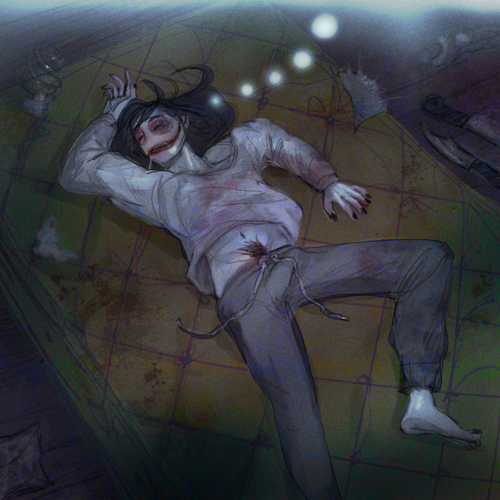 barefoot, creepypasta, creepypastasmut, erection, jeff the killer, knife, long hair, male, nightmare husbando, pale skin, penis, penis bulge, pubic hair, saliva, serial killer, sleeping, solo