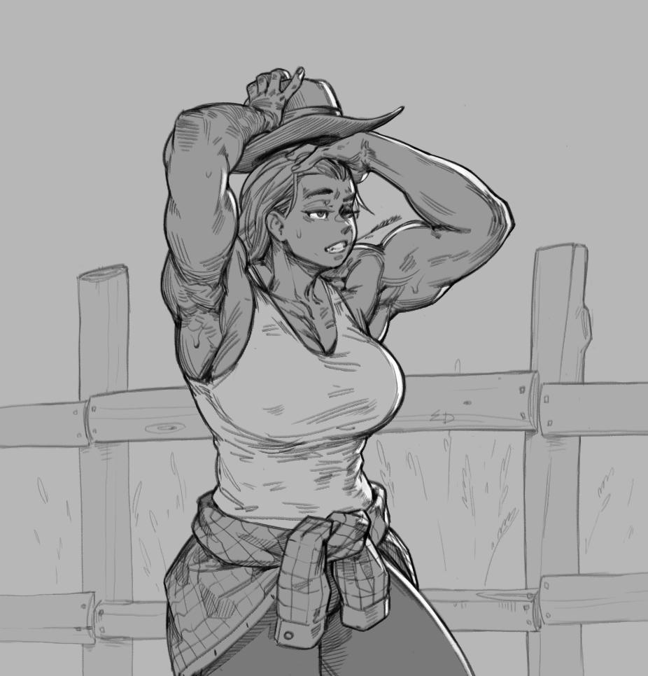 1girls armpits biceps big_breasts country_girl cowboy_hat eddrawsstuff greyscale large_breasts muscular_armpits muscular_arms muscular_female no_sex non-nude shirt_around_waist sweat sweating tank_top