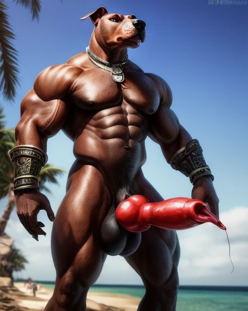 1boy abs ai_generated animal_penis anthro balls ballsack beefy body_fur brown_fur canine canine_genitalia canine_penis domestic_dog erection knot male male_nipples male_only male_pubic_hair masculine monster_cock muscles muscular_male necklace nude_male pecs penis pitbull scrotum smooth_penis testicles veiny_biceps