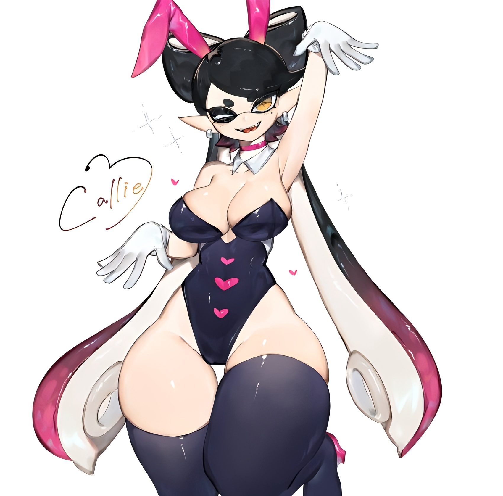2023, 2023s, ass, big ass, big breasts, big thighs, black clothing, black hair, breasts, bunny ears, bunnysuit, callie (splatoon), cleavage, clothing, female, gloves, heart, huge ass, huge breasts, huge thighs, long hair, looking at viewer, medium breasts, nintendo, octopus, octopus girl, simple background, smile, smiling, smiling at viewer, solo, splatoon, splatoon (series), squid, squid girl, thick hips, thick thighs, thighhighs, thighs, toge77789, togetoge, white background, white body, white skin, yellow eyes