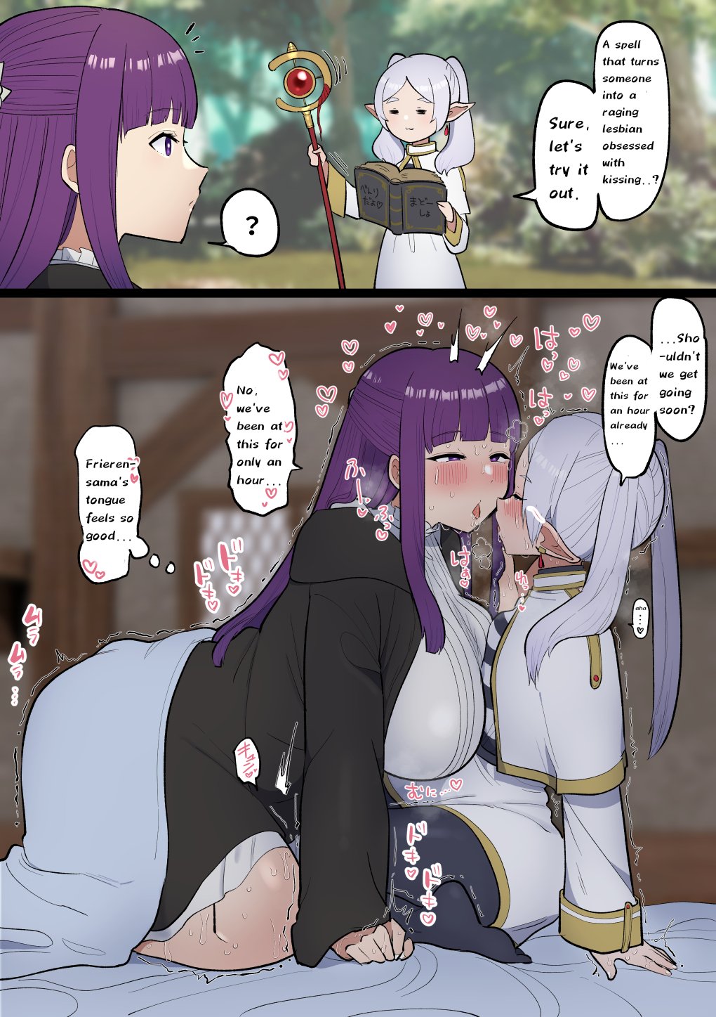 2girls bed big_breasts blush blushing english_text female female_only fence14 fern_(sousou_no_frieren) frieren gonzalo_costa large_breasts lesbian lipstick long_hair multiple_girls pointy_ears purple_hair saku_no_14 sousou_no_frieren speech_bubble text text_bubble thick_thighs thighs twintails white_hair wide_hips yuri