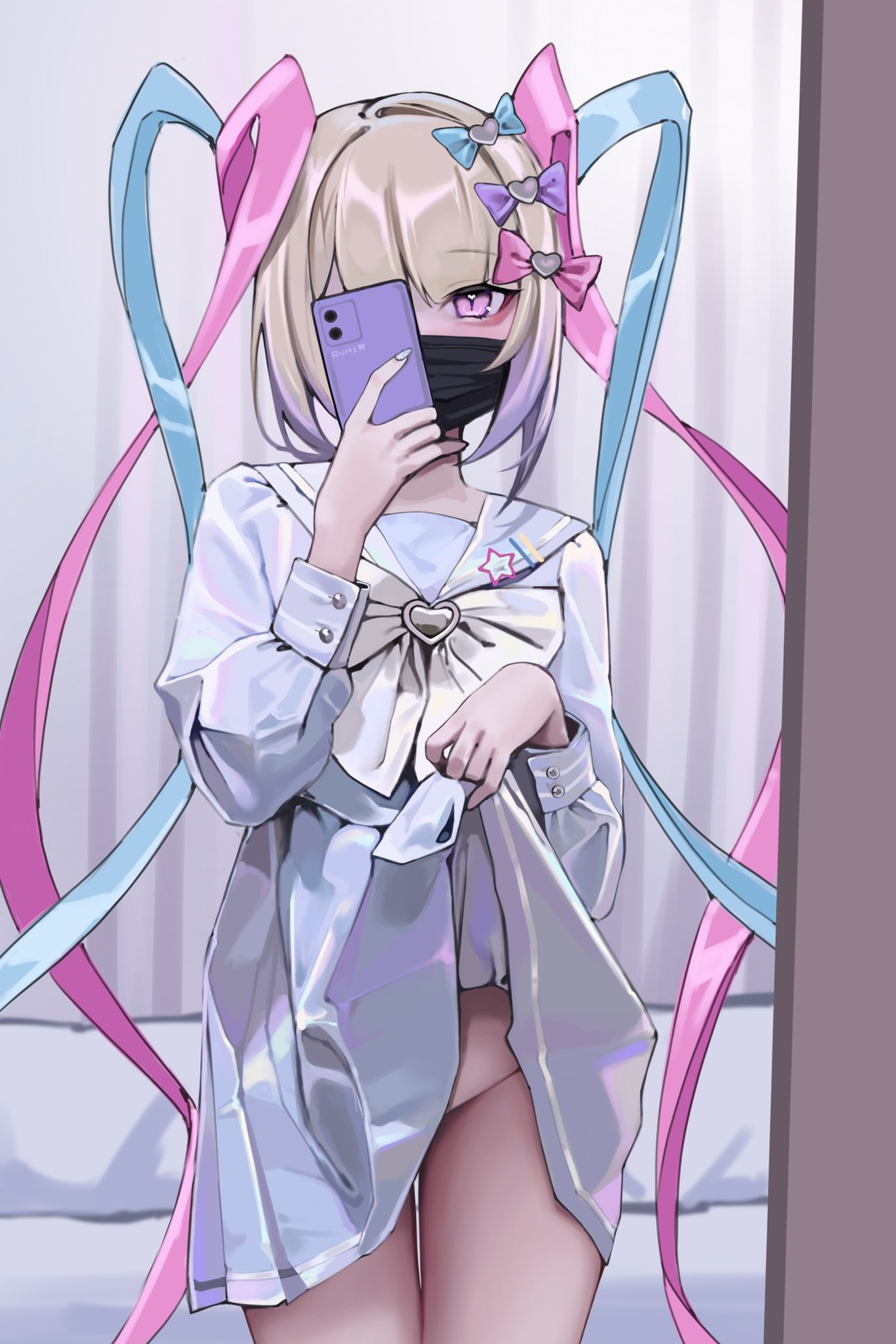 bedroom, bottomless, chouzetsusaikawa tenshi-chan, cowboy shot, face mask, female, makeup, mirror selfie, needy girl overdose, needy streamer overload, no panties, rurumiyumemi, skirt lift, taking selfie, thighs, upskirt