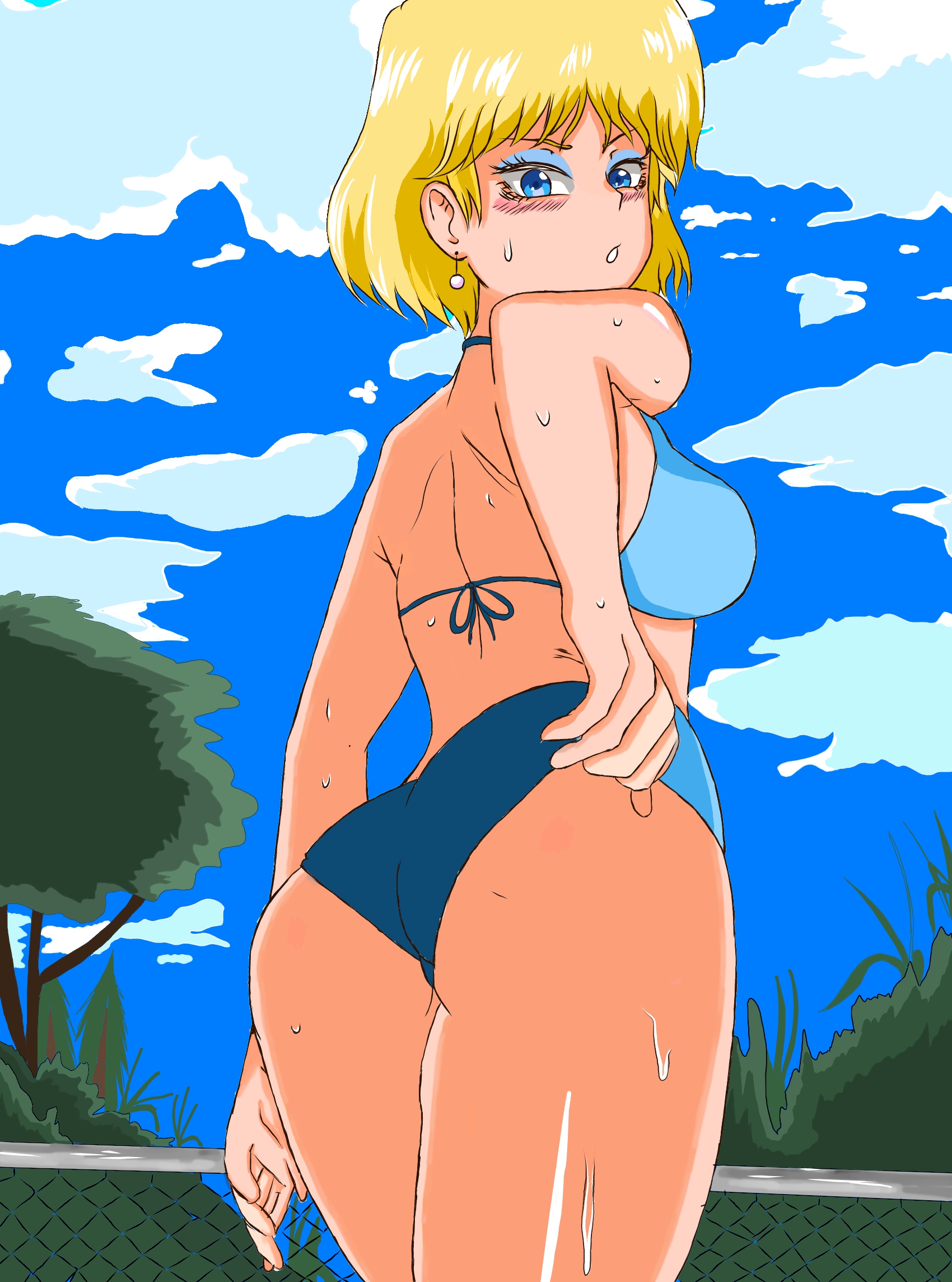 1girls, 2021, aged up, anime style, ass, back view, bikini, bikini bottom, bikini top, blush, cloud, earrings, female, fence, grass, hand on own ass, looking at viewer, lori loud, nickelodeon, open mouth, shaded, short hair, solo, solo female, solo focus, standing, sweat, the loud house, thighs, tree, unknown artist, wet, wet body