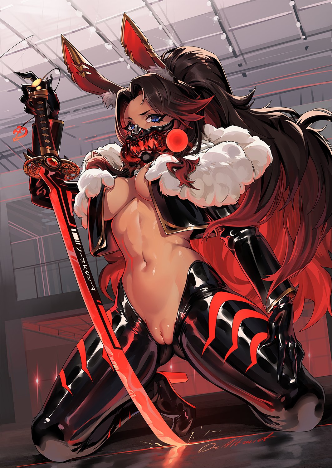 belly_button big_hair black_hair blue_eyes bodysuit bunny_ears bunny_girl combat_suit draltruist earrings exposed_belly exposed_breasts exposed_pussy fangs fluffy_hair fur gas_mask golden_earrings heels highheels jacket kirih kirih_(sword_scream) kirih_shiraishi latex latex_suit leather_jacket mask pussy_lips red_hair sword two-tone_hair