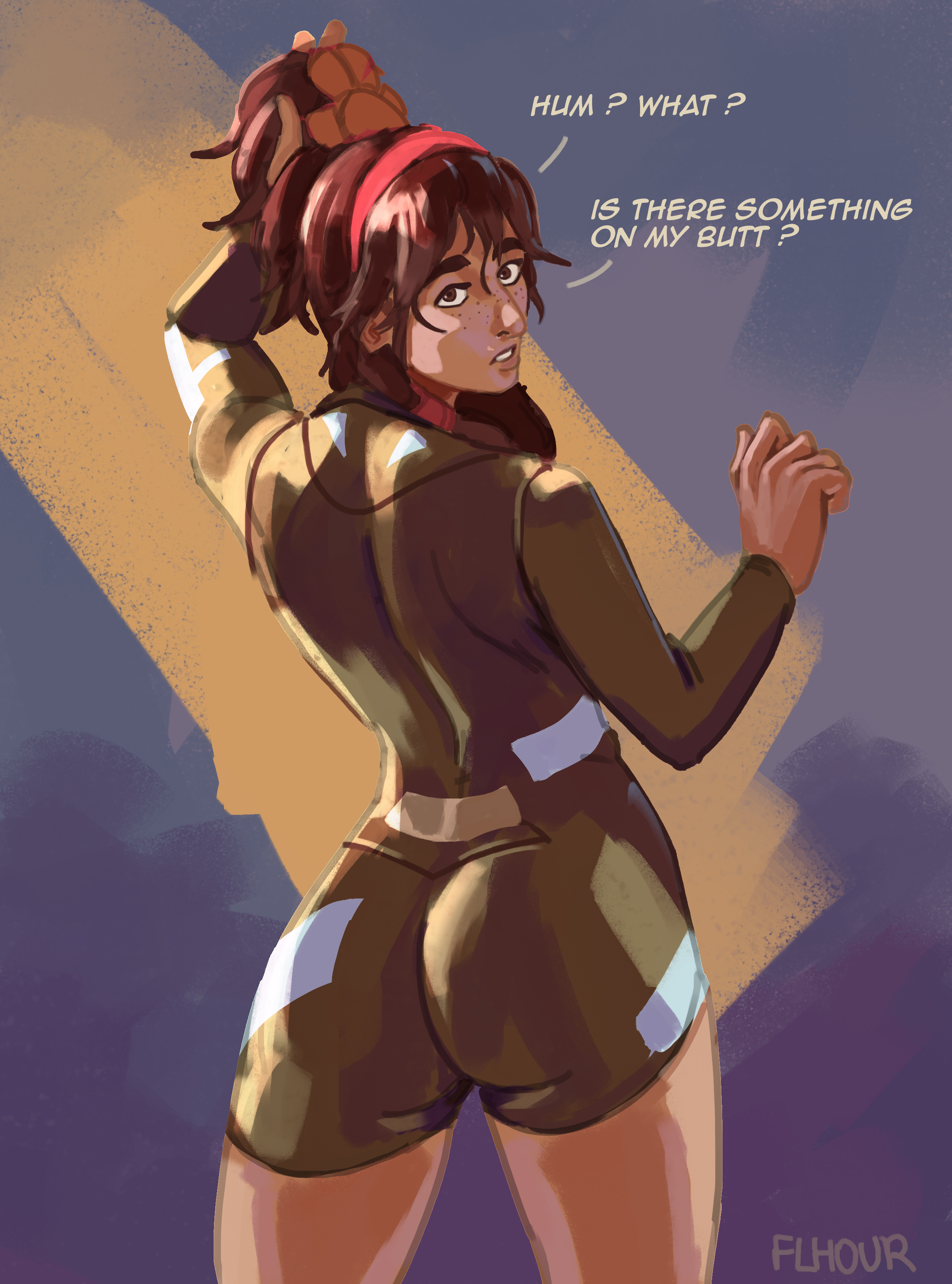 absurd res, ass, clothed, dialogue, female, flhour, hair, league of legends, looking back, riot games, taliyah, text