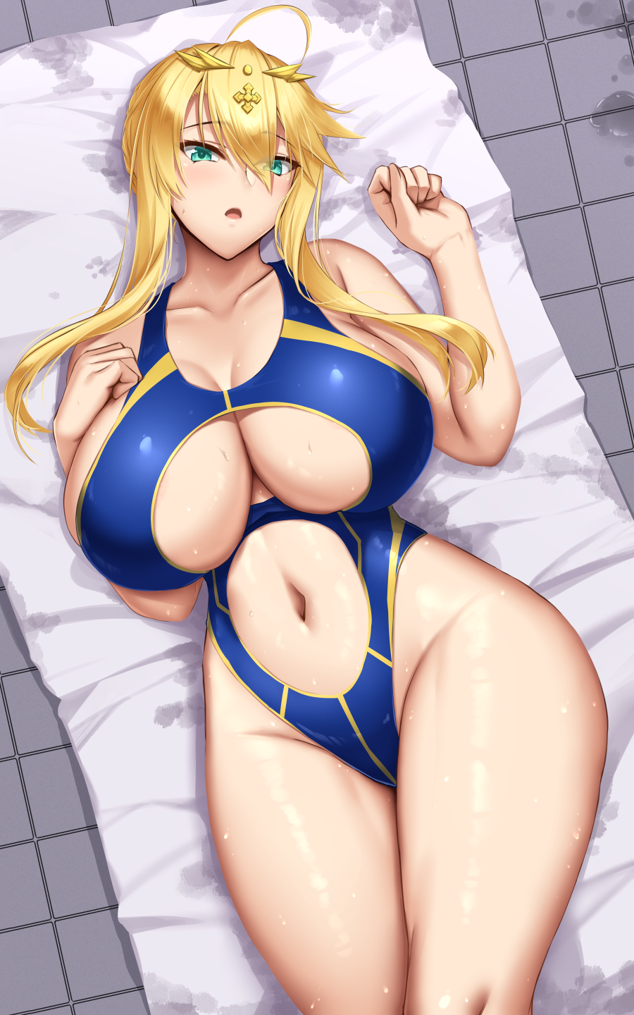 1girls akitsuki_karasu artoria_pendragon artoria_pendragon_(lancer) blonde_hair breasts competition_swimsuit fate/grand_order fate_(series) female green_eyes hi_res hips huge_breasts light-skinned_female light_skin long_hair lying_on_back naughty_face navel one-piece_swimsuit swimsuit thick_thighs thighs underboob wide_hips