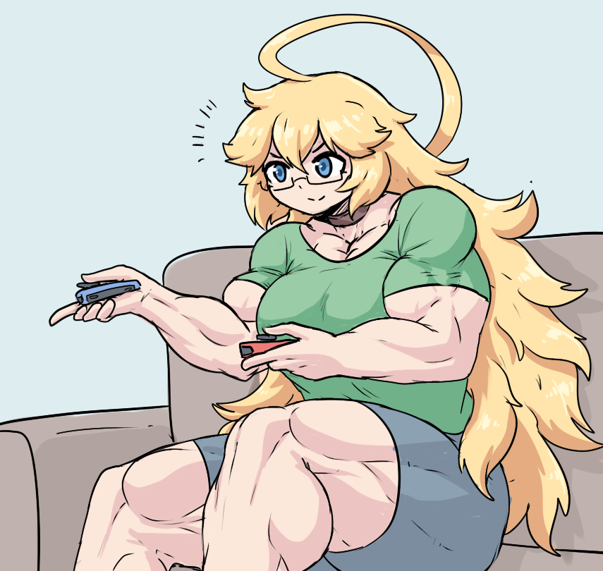 big_breasts big_muscles blonde_hair blue_eyes blue_shorts green_shirt joystick muscular_female sheepapp smiling sophie_(sheepapp) tight_clothing