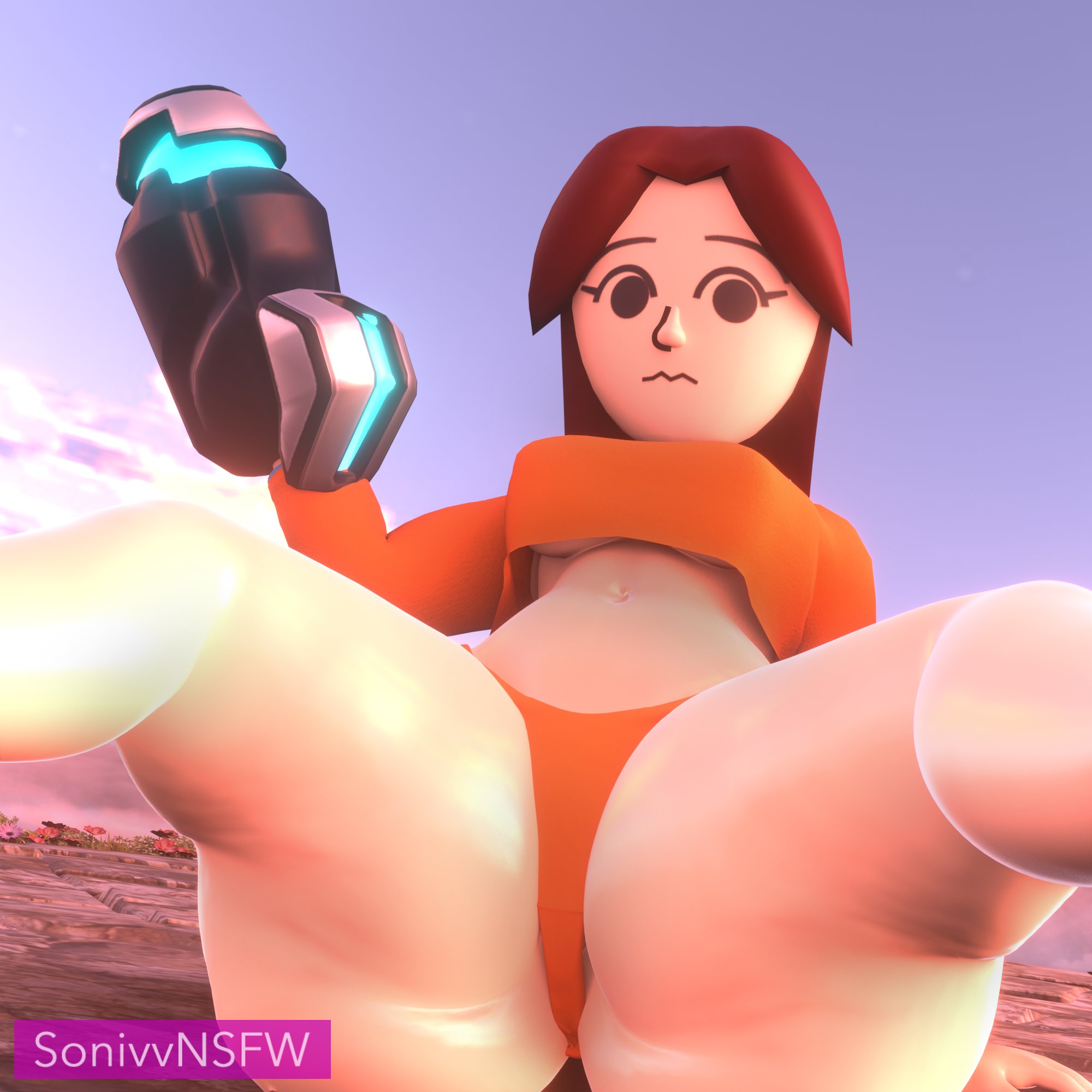 3d, 3d (artwork), ass, big ass, big breasts, big butt, bottom heavy, breasts, brown hair, bubble ass, bubble butt, caked up, clothing, fat ass, female, female only, gun, huge ass, mii, mii gunner, mii gunner (smash 4), mob face, mostly nude, nervous face, nintendo, orange clothing, panties, shiny ass, sitting, solo, solo female, solo focus, sonivvnsfw, super smash bros., super smash bros. for nintendo 3ds and wii u, tagme, topwear, watermark, weapon