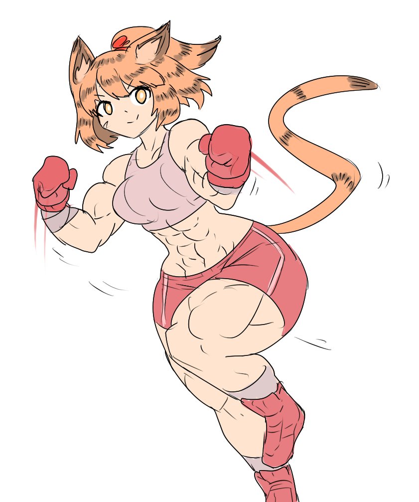 1girls abs biceps big_biceps boxing_gloves breasts cat_ears cat_tail cattle female female_only light-skinned_female light_skin long_tail muscular muscular_arms muscular_female red_boxing_gloves red_gloves sheepapp shoes shorts smiling_at_viewer solo sports_bra tagme tail