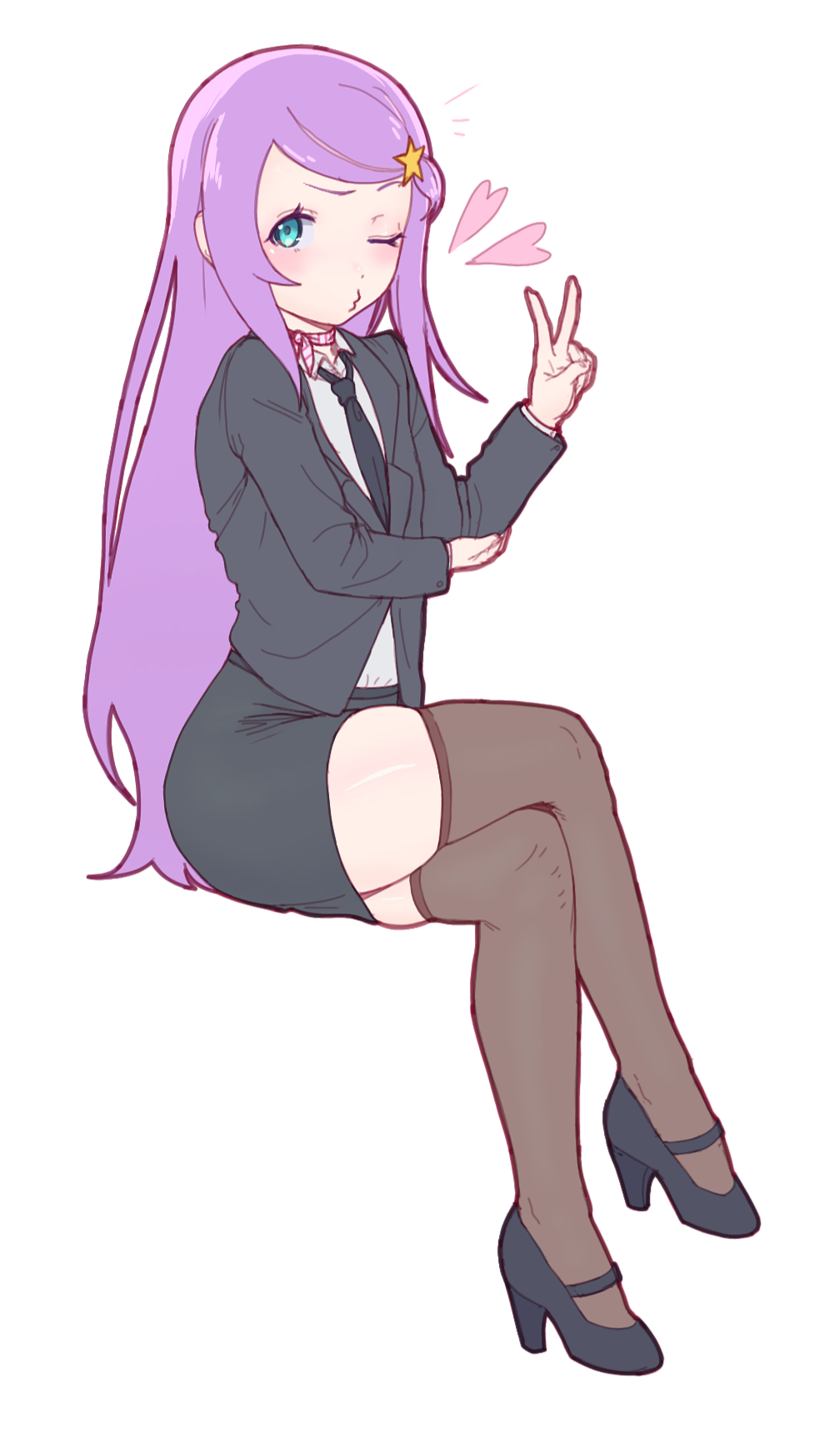 anastasia_hoshin blowing_kiss fday heart heels legs_crossed office_lady one_eye_closed peace_sign purple_hair re:zero_kara_hajimeru_isekai_seikatsu small_breasts suit thick_thighs thighhighs