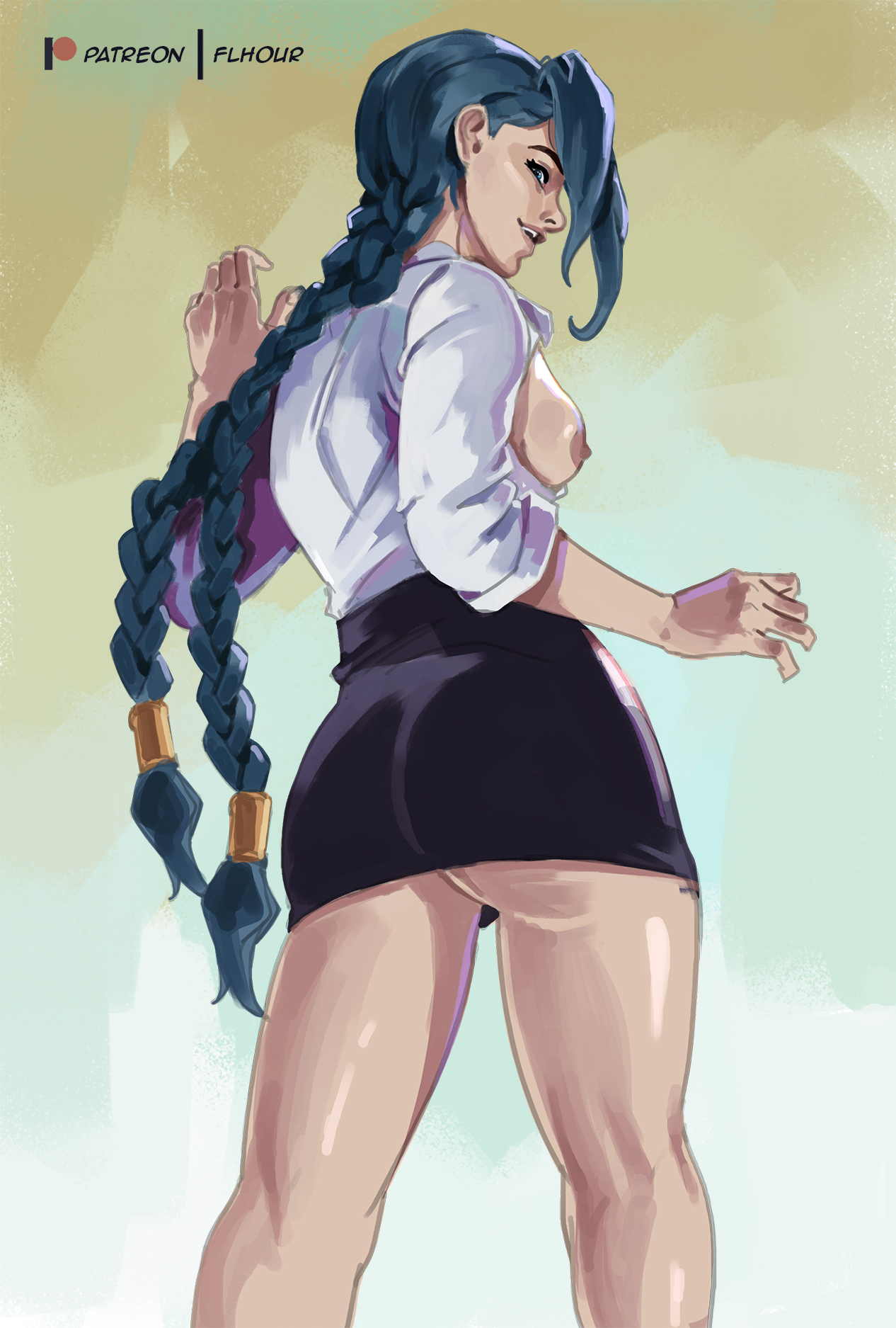 1girls, alternate body type, areolae, ass, ass focus, big ass, blue hair, braided ponytail, braided twintails, breasts, breasts out, child bearing hips, curvaceous, curvaceous body, curvaceous female, curvaceous figure, curvaceous hips, curvaceous thighs, curves, curvy, curvy body, curvy female, curvy figure, curvy hips, curvy thighs, exposed, exposed breasts, female, female focus, female only, flhour, jinx (league of legends), league of legends, legs, light skin, light-skinned female, long hair, looking at viewer, looking back, medium breasts, nipples, office clothing, office lady, open mouth, open shirt, pov, riot games, shirt, skirt, smile, smiling at viewer, smirk, solo, solo female, solo focus, thick, thick ass, thick legs, thick thighs, thighs, viewed from below
