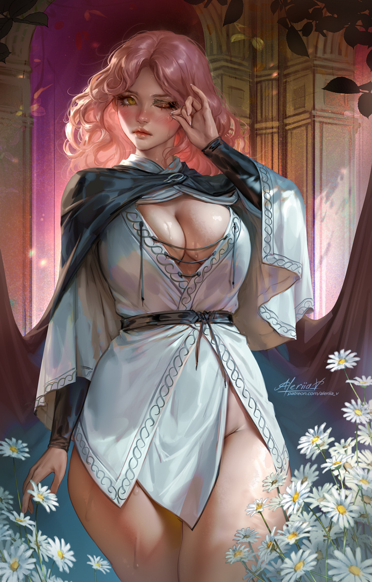 1girls aleriia_v big_breasts cleavage cowboy_shot day elden_ring facing_viewer flowers fromsoftware hourglass_figure huge_breasts indoors lerapi looking_at_viewer melina_(elden_ring) no_bra no_panties one_eye_closed short_hair solo standing strawberry_blonde_hair voluptuous