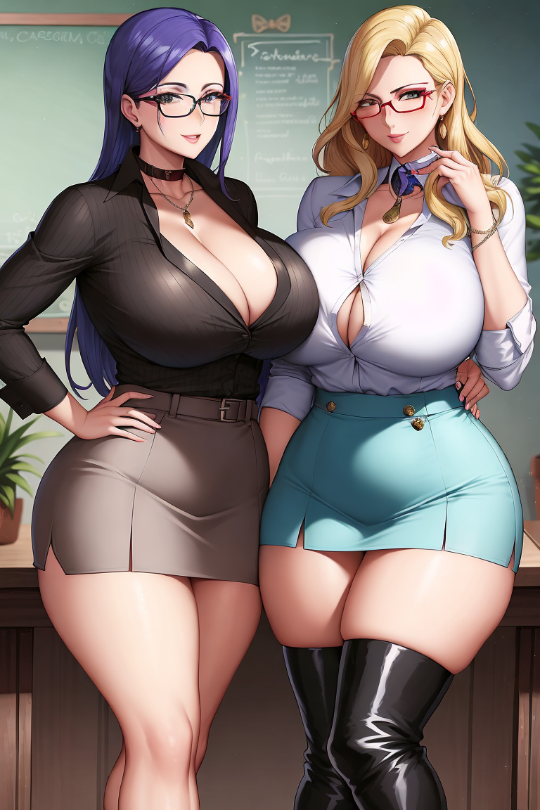 2girls adult ai_generated bare_legs belt big_breasts black_clothing blonde_hair blouse blush boots breasts breasts_bigger_than_head breasts_to_breasts classroom cleavage collar commentary_request curvaceous curvy female female_only glasses hand_on_hip hourglass_figure huge_breasts leather_boots lia_the_busty_redhead long_hair looking_at_viewer mature mature_female mature_woman milf milfs multiple_females multiple_girls original original_character purple_hair seductive seductive_look short_skirt skirt smile standing straight_hair tagme teacher teachers thick_thighs thigh_boots thighs voluptuous voluptuous_female wavy_hair