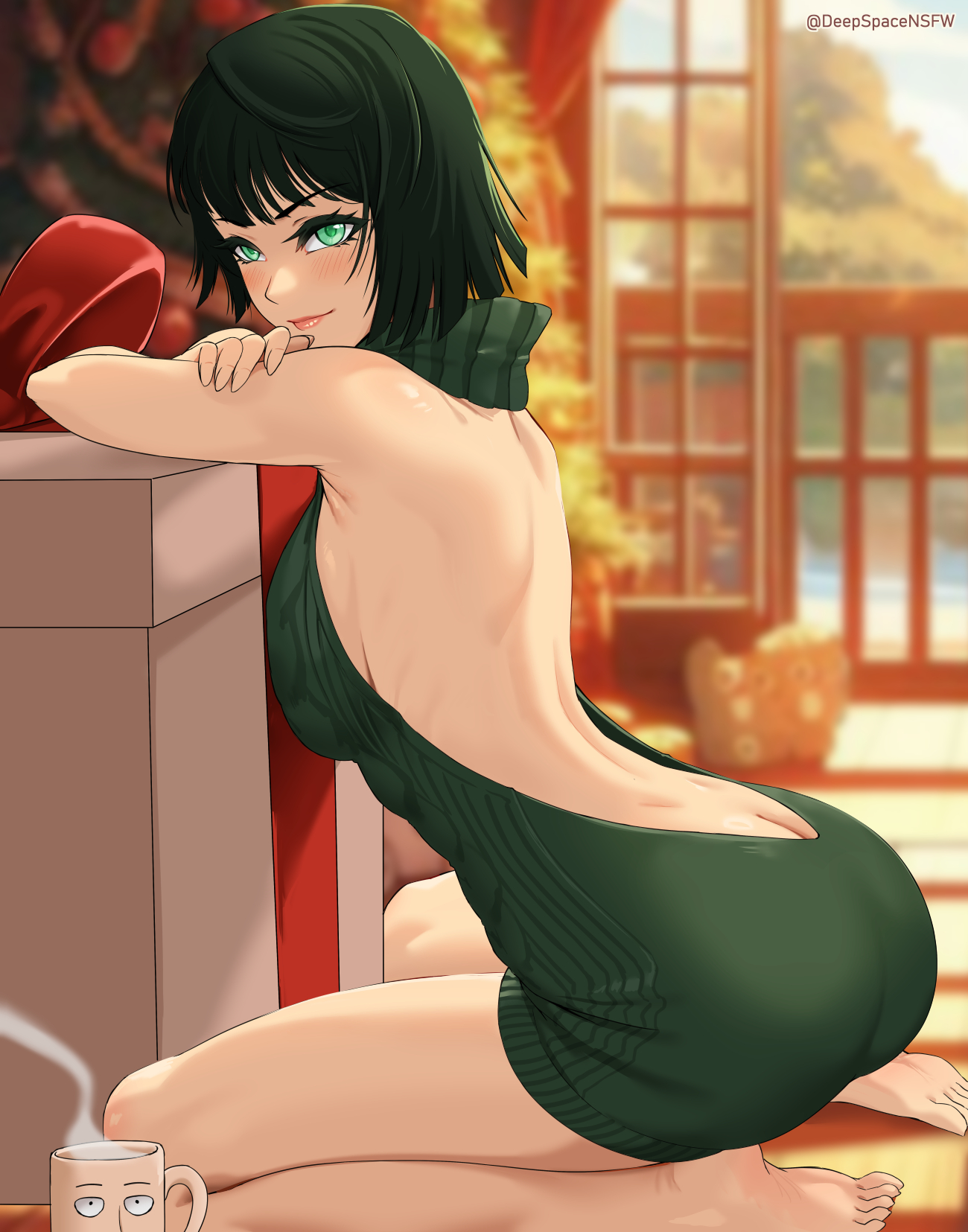 1girls, breasts, christmas, christmas present, dark green hair, deepspace, female, female only, fubuki (one-punch man), green clothing, green eyes, one-punch man, pinup, sideboob, smirk, virgin killer sweater