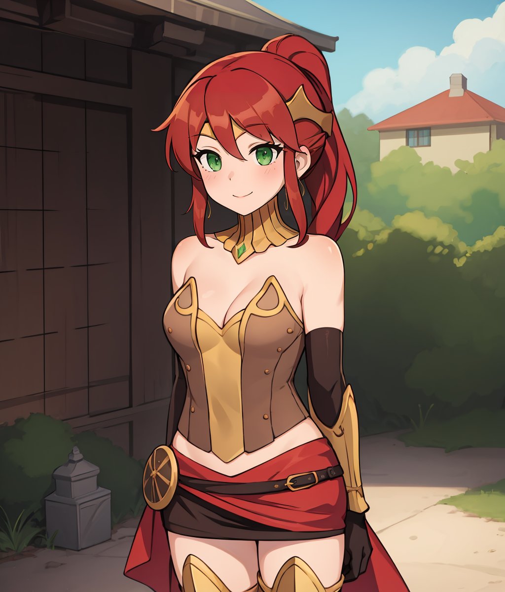 1girls, ai generated, armor, bangs, female, female only, green eyes, high ponytail, leukocrisp, long hair, no sex, ponytail, pyrrha nikos, red hair, rwby, shiny hair, shiny skin, sidelocks, solo, tagme