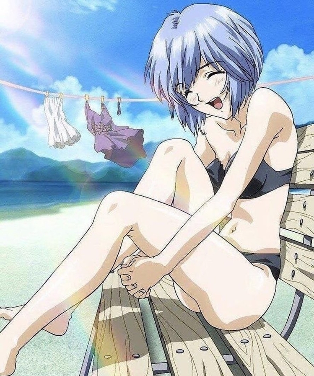 1girls, bikini, blue hair, female, laughing, neon genesis evangelion, rei ayanami, single female