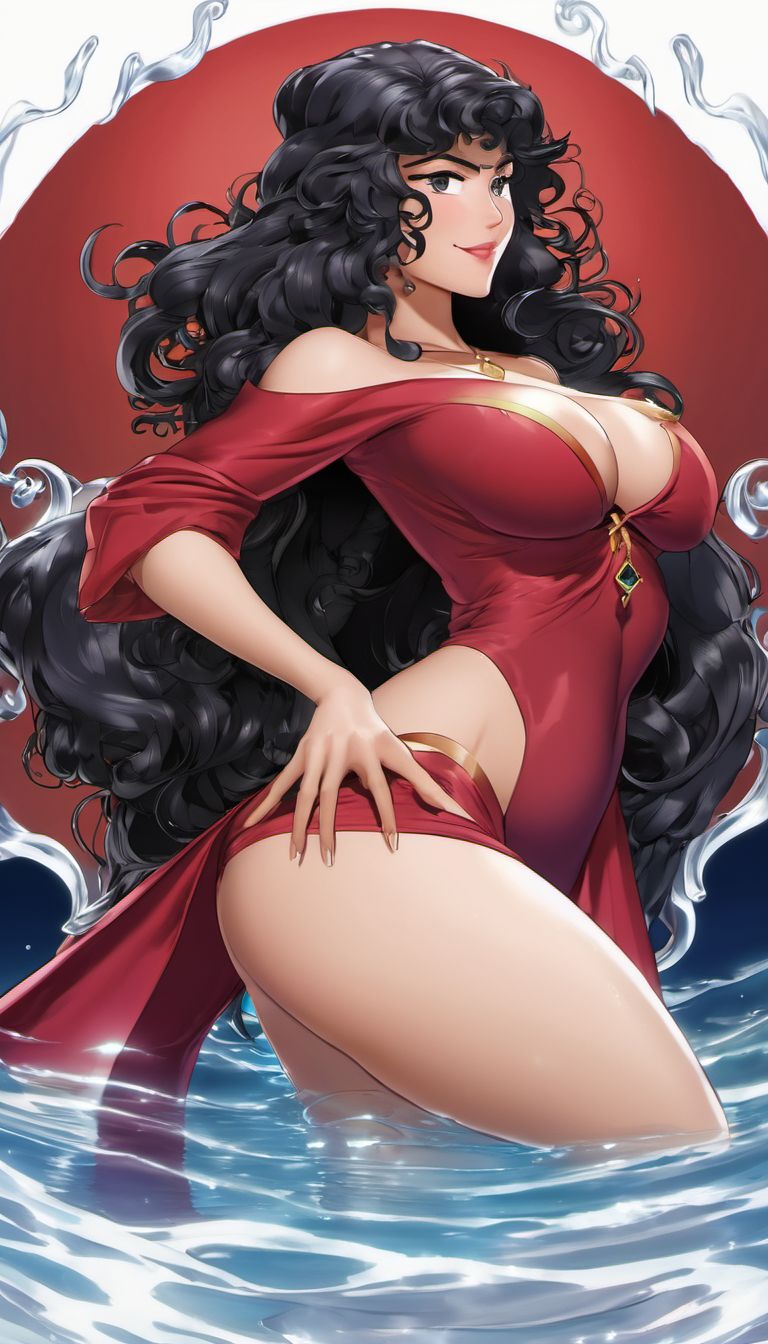 1girls, 2023, 2d, 2d (artwork), ai eyes, ai generated, ass, big breasts, black hair, breasts, cleavage, curly hair, disney, disney villains, female, female only, huge ass, human, human only, light skin, light-skinned female, looking at viewer, mature female, milf, mother gothel, solo, solo female, standing, standing in water, tandomaf, tangled, thick thighs, villainess, water, wet, wide hips