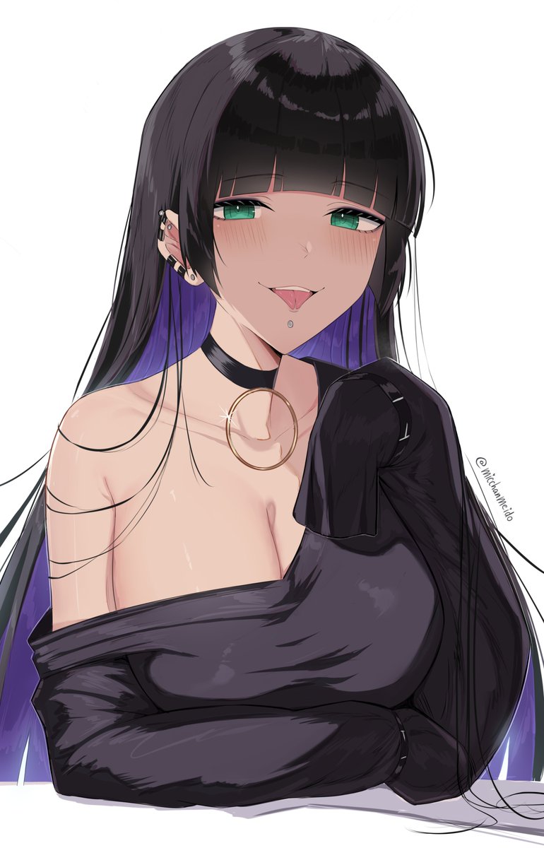 1girls, big breasts, bocchi the rock!, breasts, dark blue hair, ear piercing, female, female focus, female only, green eyes, light skin, light-skinned female, looking at viewer, micchan (micchanmeido), pa-san, solo, solo female, solo focus, strap slip, sweater, tongue, tongue out
