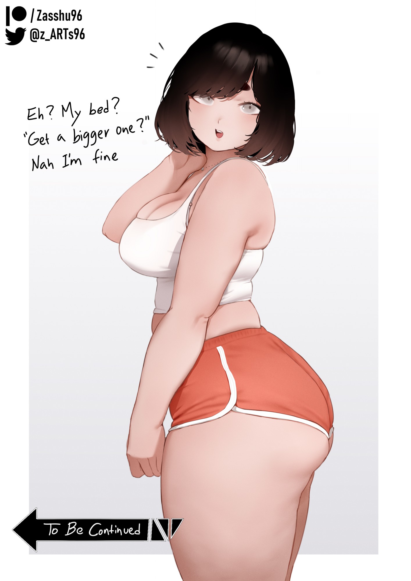1girls, ange (zasshu96), ass, big breasts, black hair, booty shorts, breasts, brown eyes, brown hair, bubble ass, bubble butt, chubby, chubby female, curvy, dialogue, dolphin shorts, dommy mommy, english text, female, female only, huge ass, large ass, large breasts, original, original character, plump, short eyebrows, short hair, short shorts, shorts, slightly chubby, solo, tank top, thick eyebrows, thick thighs, zasshu96