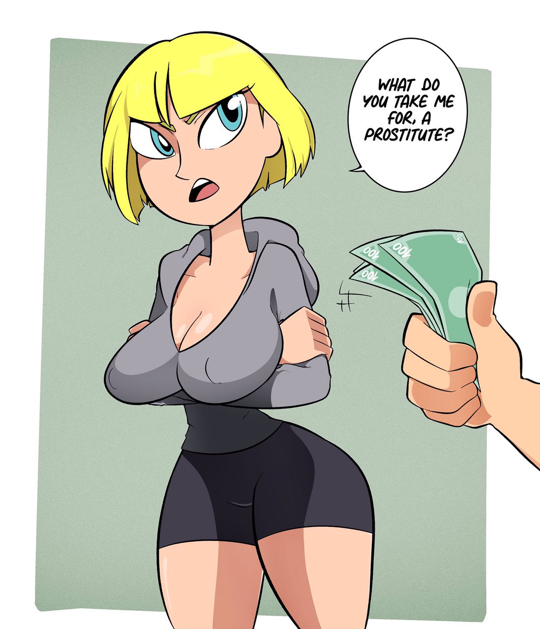 annoyed arms_crossed blonde_hair bribe commission dialogue joshin money original original_character speech_bubble