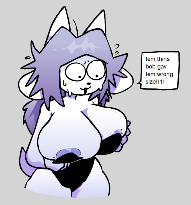 1girls big_breasts black_clothing bunnysuit female furry_ears furry_only furry_tail grey_background grey_hair holding_breast loudnormal4 panic panicking solo solo_female solo_girl sweating tagme temmie temmie_(undertale) undertale undertale_(series) white_body white_fur