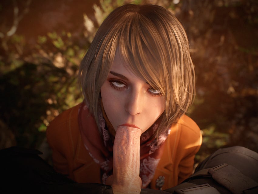 3d, 3d (artwork), ashley graham, ashley graham (ella freya), balls, blonde hair, blowjob, capcom, clothing, duo, fellatio, female, kneeling, leon scott kennedy, looking at viewer, male, oral, oral sex, penis, pleasure face, resident evil, resident evil 4, resident evil 4 remake, saliva, spread legs, sucking, sucking penis