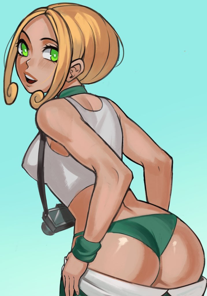 1girls armwear ass big_ass blonde_hair bottomwear breasts camera female female_only game_freak green_eyes green_panties hair kaimecha looking_back panties pants pants_down pokemon pokemon_xy solo solo_female solo_focus tank_top topwear viola_(pokemon) white_tank_top