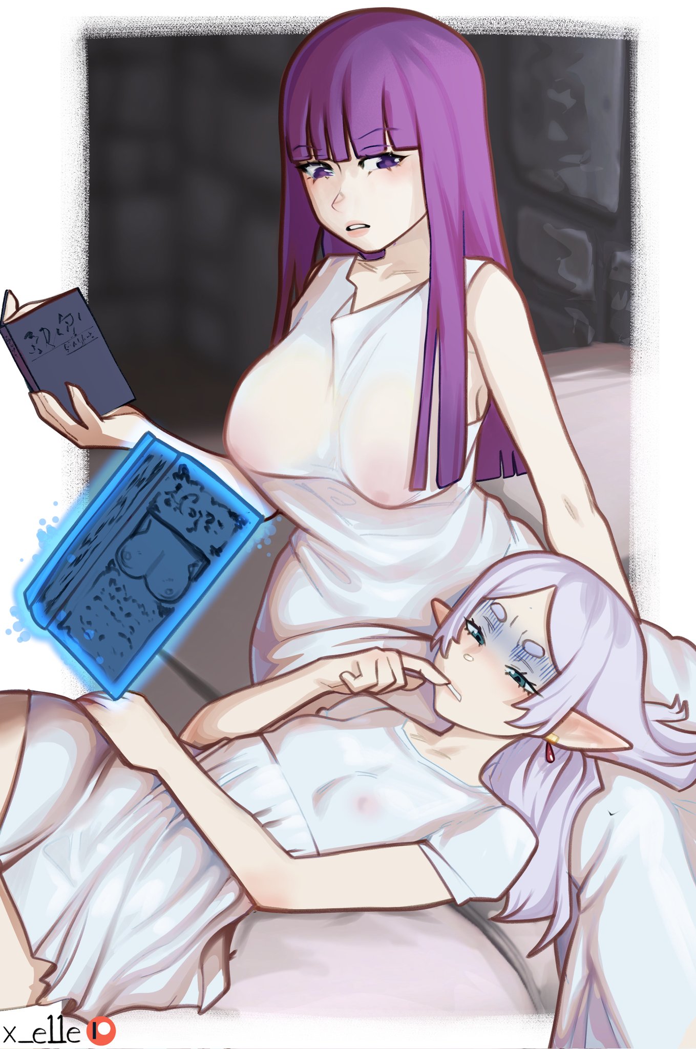2girls, bangs, book, breast size difference, breasts, elf, elf ears, elf female, female, female only, fern (sousou no frieren), frieren, green eyes, hi res, long hair, lying, lying on back, purple eyes, purple hair, reading book, sitting, small breasts, sousou no frieren, white hair, x e11e