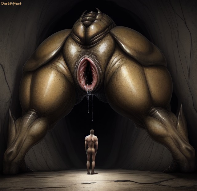 1boy1girl ai_generated cave cloaca darkeffect giantess huge_thighs human hyper_cloaca imminent_vore larger_female monster nightmare_fuel nude pussy_juice_drip rear_view smaller_male thick_thighs unusual_anatomy wide_hips