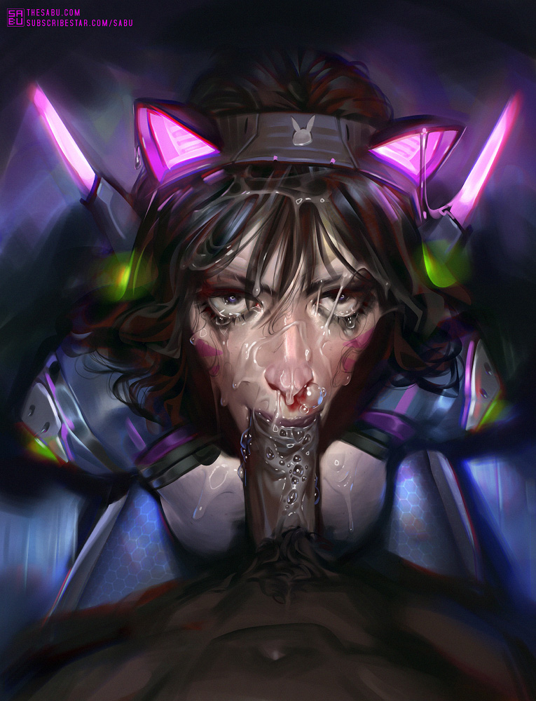 2d, asian, blizzard entertainment, blowjob, cat headphones, crying, cum, cum bubble, cum on face, cum on hair, d.va, dark skin, dark-skinned male, eye contact, facial, female, forced oral, hana song, hands-free, interracial, just the tip, korean, male, mascara, oral, overwatch, penis, petite, pov, runny makeup, sabudenego, tears