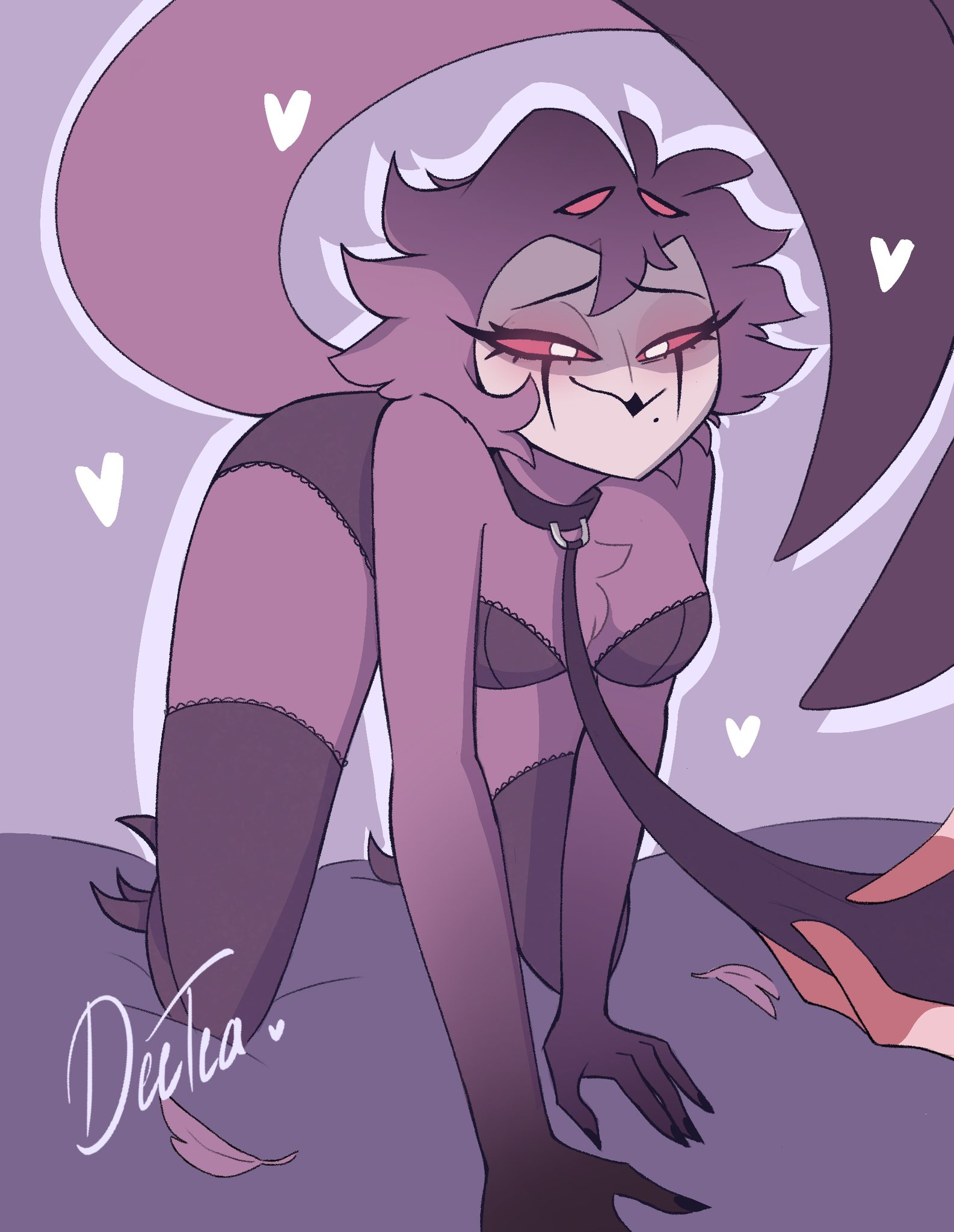all fours, beauty mark, beauty mark under mouth, blitzo (helluva boss), bra, collar, deetea, dom pov, female, female focus, female stolas, front view, helluva boss, leash, lingerie, lingerie only, looking at viewer, on bed, panties, rule 63, shorty hair, smile, smiling at viewer, stolas (helluva boss), tail, tail up, thighhighs