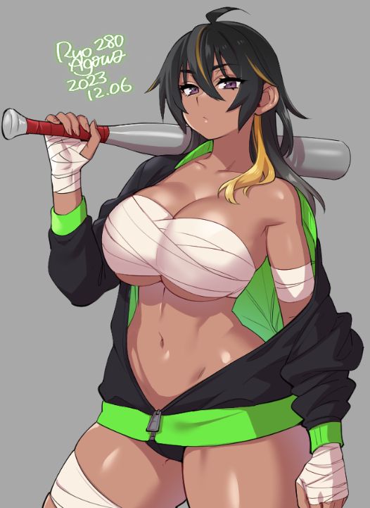 athletic_female bandage baseball_bat big_breasts dark-skinned_female long_hair looking_at_viewer multicolored_hair original ryo_agawa