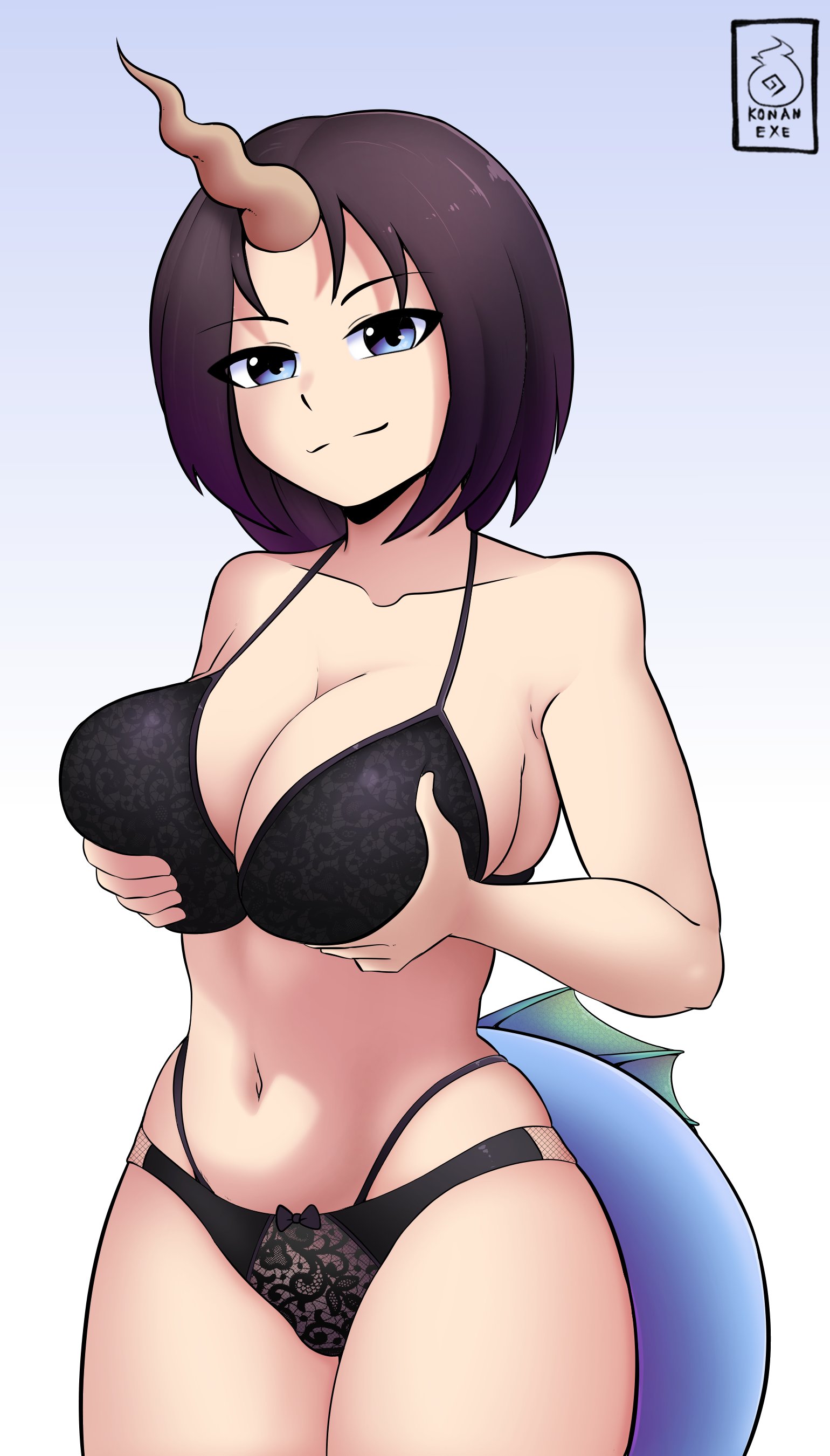 1girls, almost naked, bare shoulders, belly, belly button, big breasts, black bra, black hair, black lingerie, black panties, blue eyes, bra, breast grab, breast press, breast squeeze, breasts, dragon girl, dragon horns, dragon tail, elma (dragon maid), fanart, female, female only, gradient hair, hi res, highres, kobayashi-san chi no maidragon, konanexe, light skin, light-skinned female, lingerie, looking at viewer, miss kobayashi's dragon maid, monster girl, panties, purple hair, short hair, simple background, smug, smug face, thick, thick thighs, thighs, thong, two-tone hair, underwear, unicorn horn, wide hips