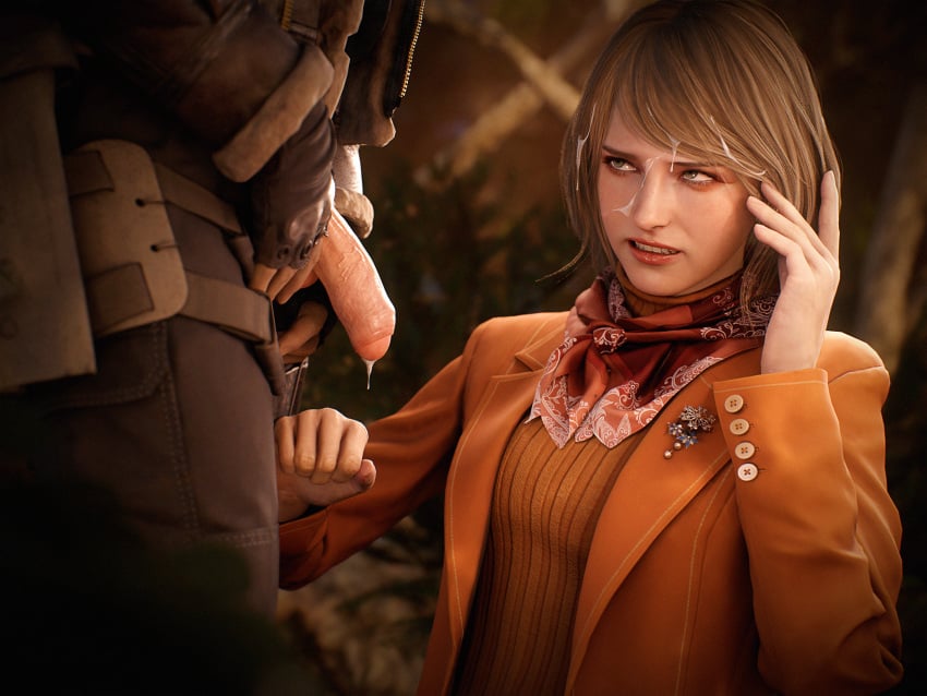 3d, 3d (artwork), after fellatio, ashley graham, ashley graham (ella freya), balls, blonde hair, blowjob, capcom, clothing, cum, cum on face, cum on hair, duo, ejaculation, fellatio, female, kneeling, leon scott kennedy, male, oral, oral sex, penis, resident evil, resident evil 4, resident evil 4 remake, spread legs, sucking