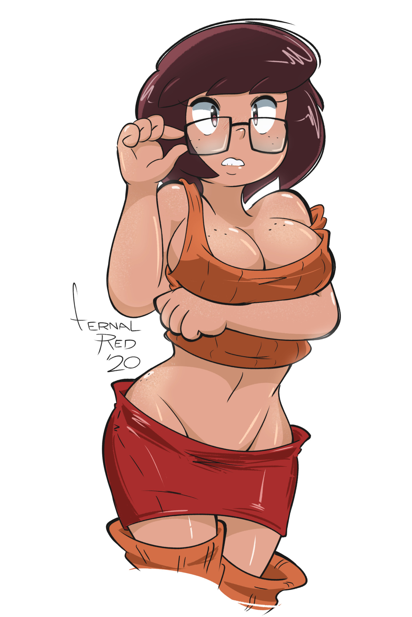 1girls, 2020, artist signature, breasts, brown hair, cleavage, clothed, clothing, female, female only, fernal-scarlet, freckles, glasses, large breasts, loose clothes, midriff, nerd, scooby-doo, short hair, shorts, signature, solo, solo female, solo focus, text, thigh socks, velma dinkley, white background