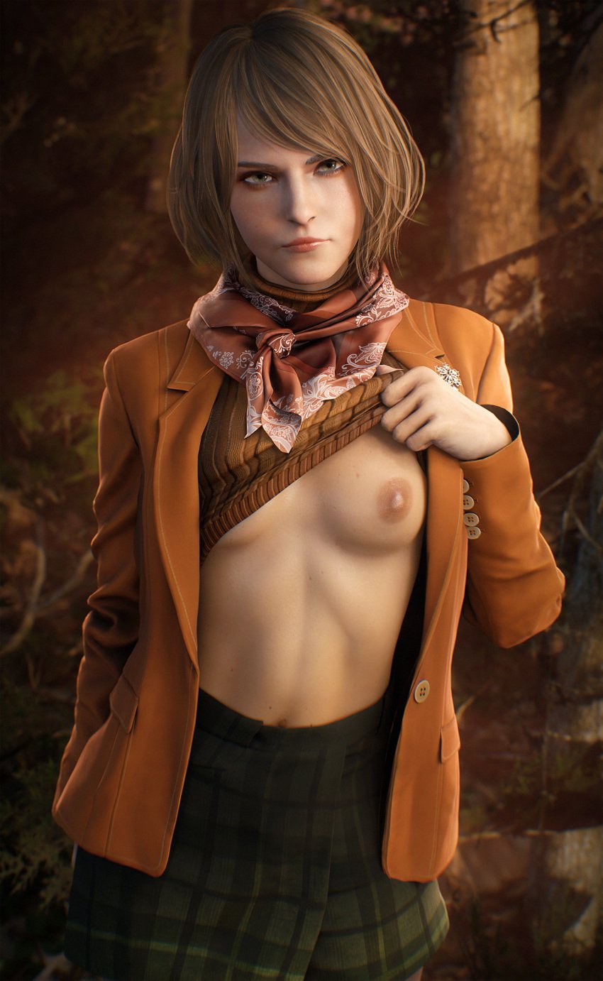 3d, 3d (artwork), areolae, artist request, ashley graham, ashley graham (ella freya), blonde hair, breasts, capcom, clothes lift, clothing, female, forest, jacket, looking at viewer, nipples, no bra, resident evil, resident evil 4, resident evil 4 remake, skirt, solo, standing
