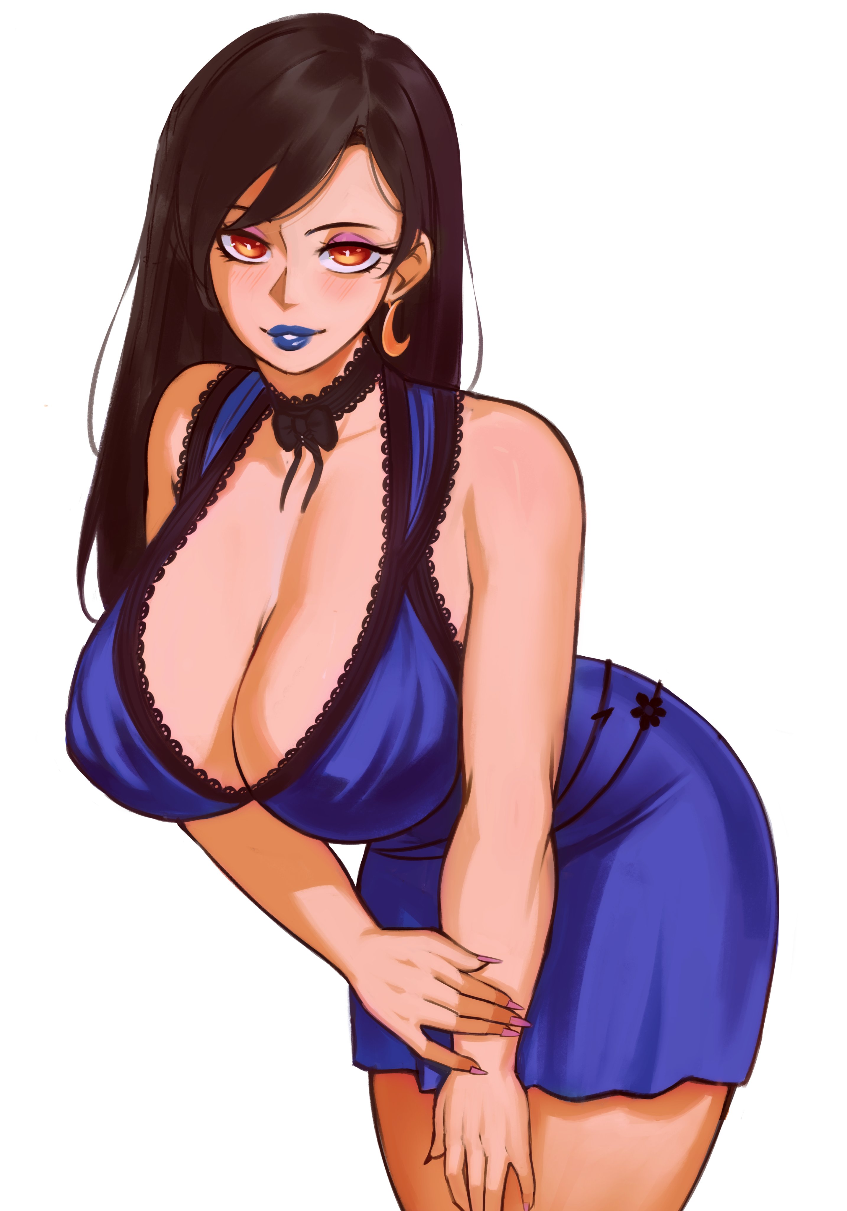 1girls, big breasts, big lips, blue dress, blue lips, blue lipstick, breasts, brown hair, cleavage, clothing, dress, ear piercing, earrings, eyeshadow, female, female only, final fantasy, final fantasy vii, hair, huge breasts, kaimecha, lips, lipstick, long hair, nails, orange eyes, solo, solo female, square enix, thick lips, tifa lockhart, tifa lockhart (refined dress)