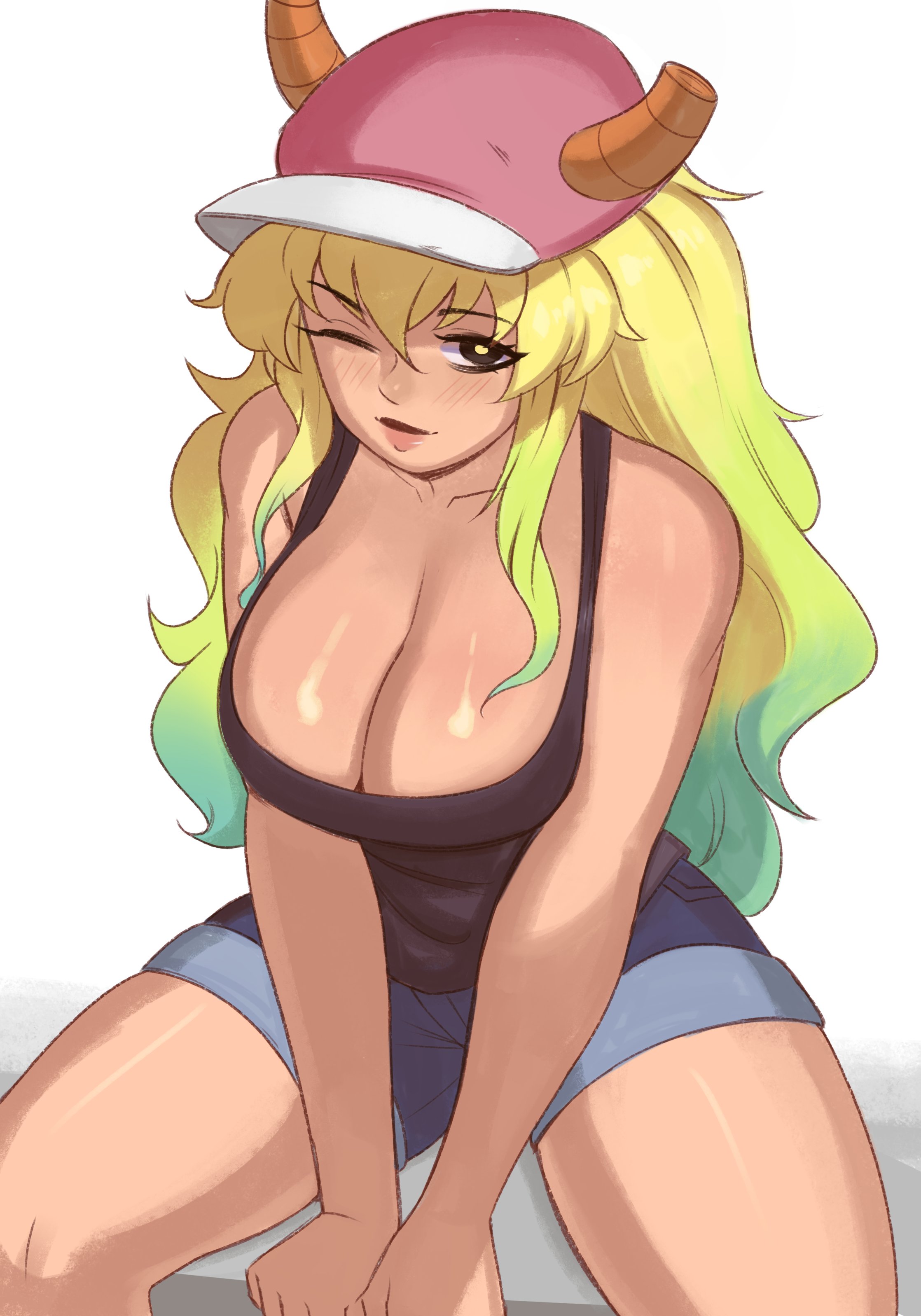 1girls, baseball cap, big breasts, black tank top, blonde hair, blue shorts, bottomwear, breasts, cleavage, clothing, female, female only, hair, hat, headwear, horns, huge breasts, kaimecha, long hair, mature, mature female, miss kobayashi's dragon maid, one eye closed, quetzalcoatl (dragon maid), shorts, solo, solo female, tank top, thighs, topwear, two-tone hair, wink, yellow eyes