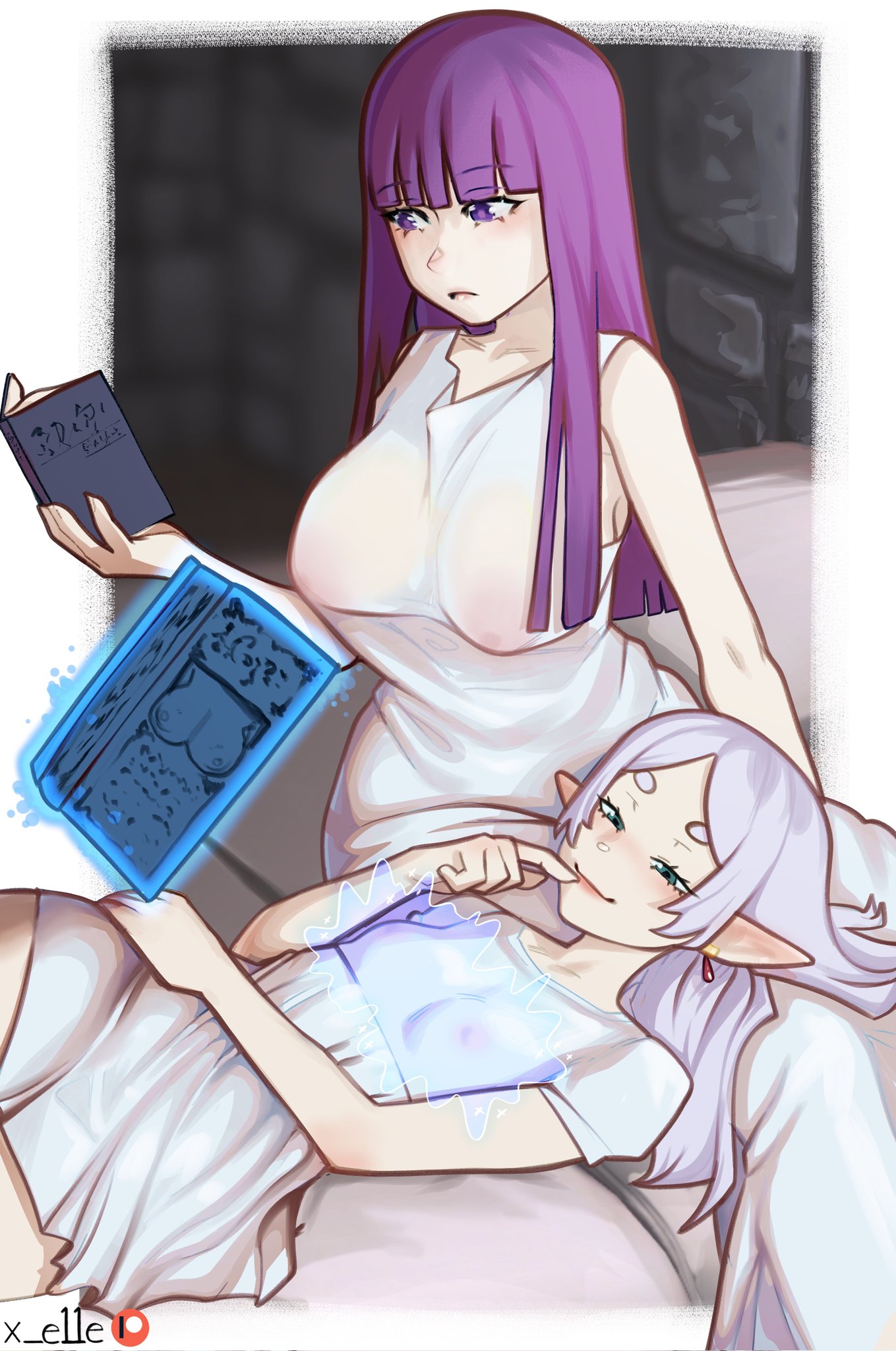 2girls, bangs, book, breast size difference, breasts, elf, elf ears, elf female, female, female only, fern (sousou no frieren), frieren, green eyes, hi res, long hair, lying, lying on back, purple eyes, purple hair, reading book, sitting, small breasts, smug, sousou no frieren, white hair, x e11e