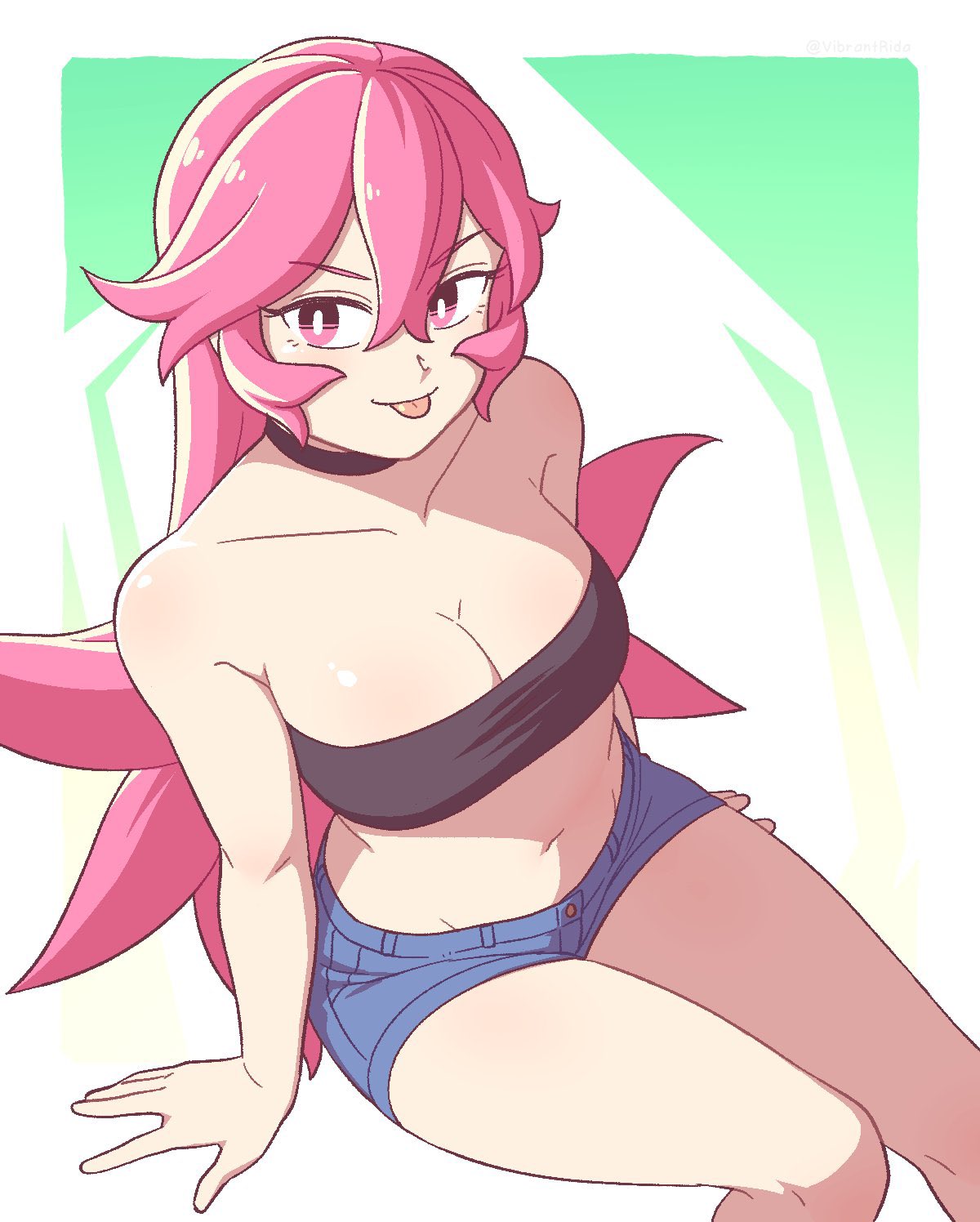 :p choker cleavage female hair_between_eyes high-angle_view jean_shorts lewdismug long_hair navel pink_hair ponytail rida_(vibrantrida) short_shorts shorts solo solo_female sticking_out_tongue strapless_bra tight_clothing tongue tongue_out vibrantrida