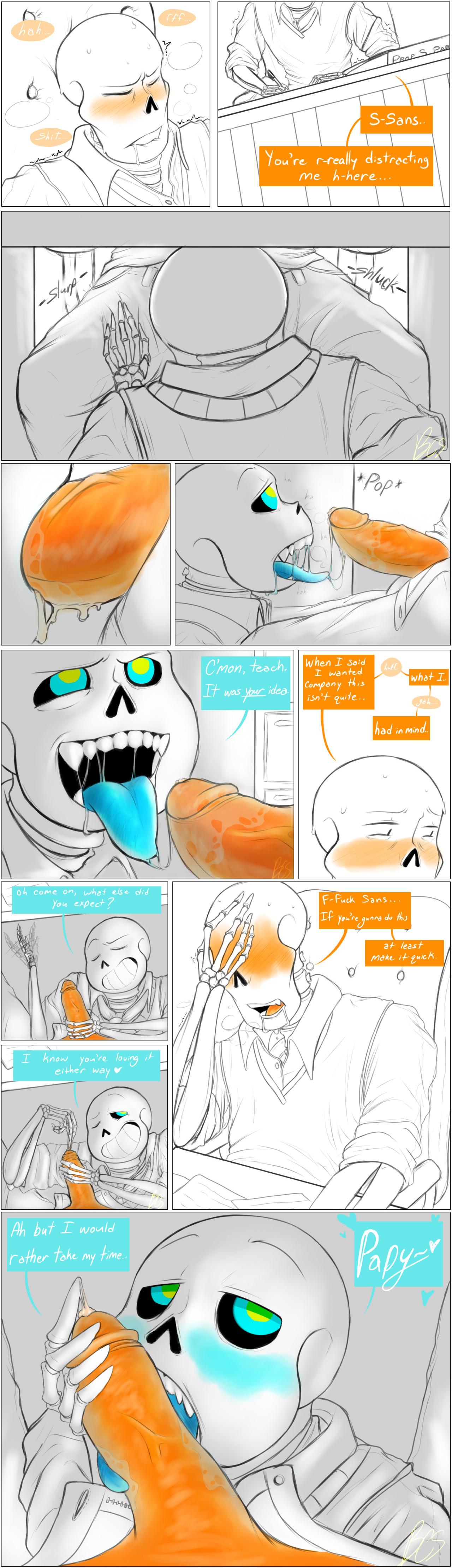 2boys, 2d, animated skeleton, beoteono, blowjob, brother, brother/brother, comic, comic panel, drool, ectopenis, english text, humanoid, incest, male, male only, non-human, papyrus, penis, sans, sex, skeleton, table, tagme, talking, teasing, text, toony, undead, undertale, undertale (series)