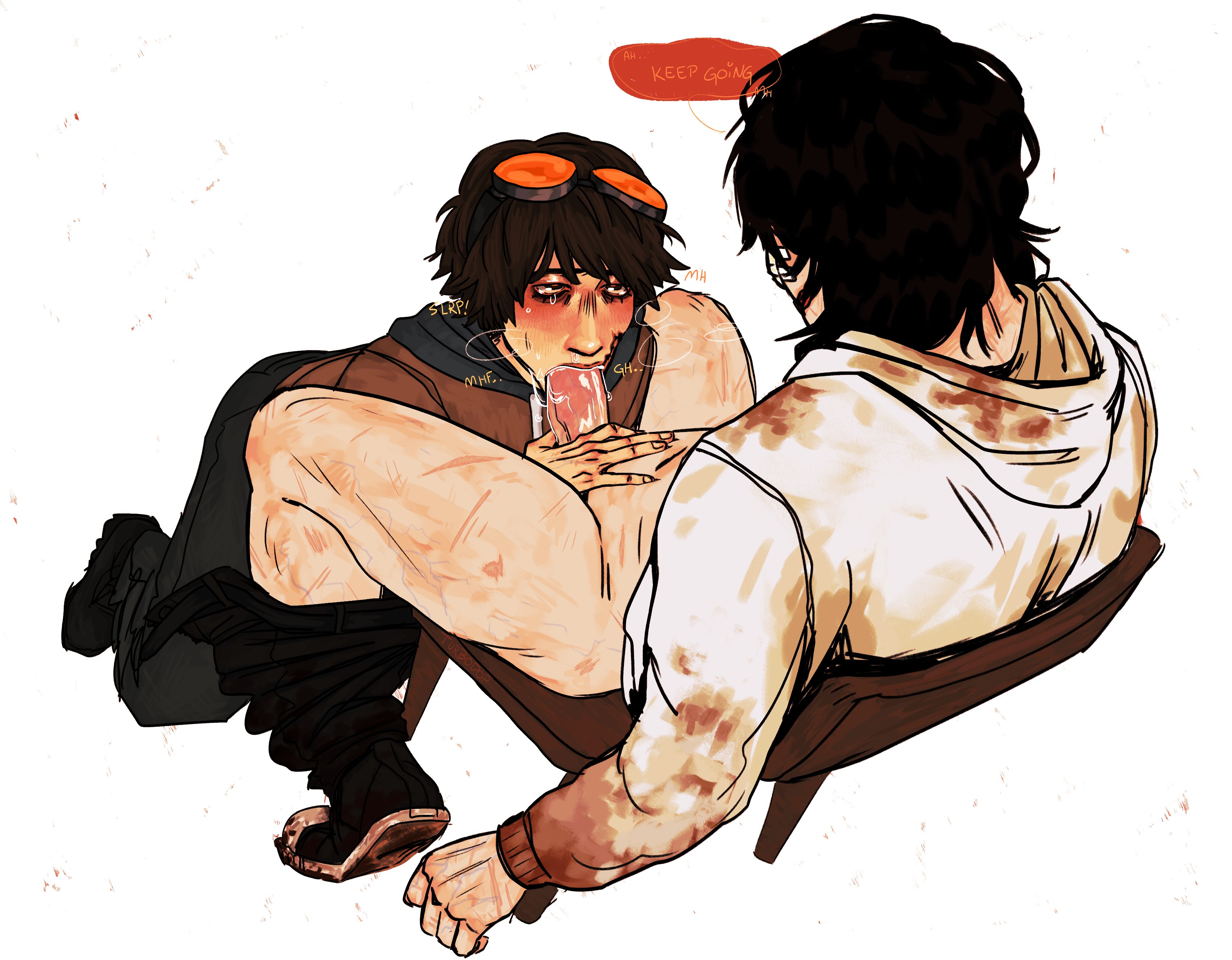 2boys, black hair, blood, blowjob, blush, brown hair, creepypasta, english text, fellatio, jeff the killer, kneeling, male, male only, oral, oral sex, pale skin, saliva, spread legs, sucking, text, ticci toby, turbodop, yaoi