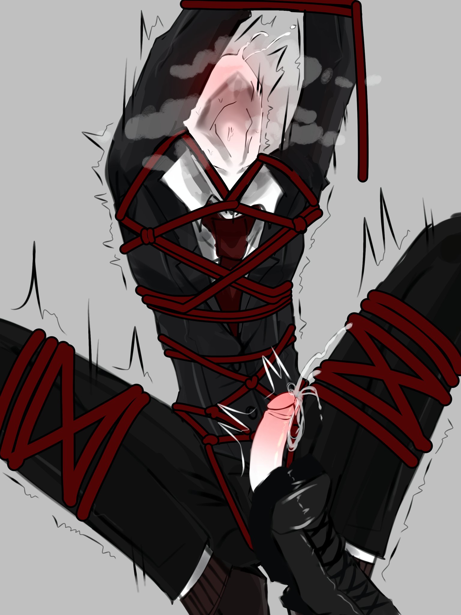 balls, blush, bondage, bondage harness, boots, creepypasta, cum, ejaculation, erection, foot fetish, footjob, male, male only, masturbation, non-human, penis, penis out, rapidlyrotting, saliva, slenderman, spread legs, steam, suit, tied, tied hands, trembling, wet
