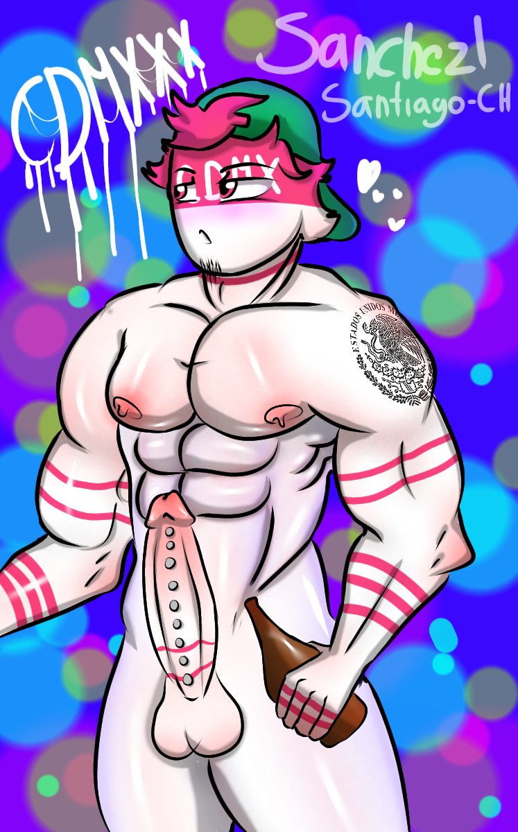 1boy artist_name balls cdmx_(statehumans) countryhumans heart male male_only markings multicolored_background pectorals santi-sanch statehumans tattoo testicles text watermark white_body white_skin