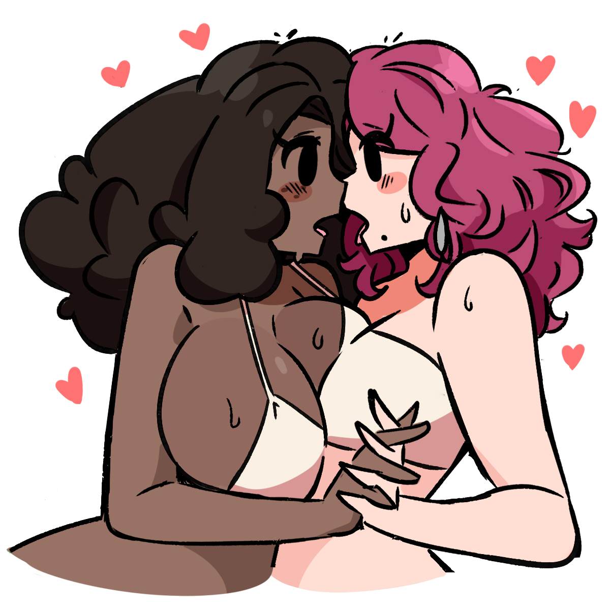 2023, 2girls, asymmetrical docking, big breasts, bikini, bikini top, black eyes, blush, blush stickers, blushing at partner, breast press, breast squish, breasts, brown hair, busty, cleavage, clothed, clothed female, clothes, clothing, couple, dark skin, dark-skinned female, duo, eye contact, face to face, face-to-face, female, female only, female/female, fig (murgoten), freckles, freckles on face, hair, heart, hearts around head, holding hands, huge breasts, human, human only, imminent kiss, interlocked fingers, interracial, large breasts, lesbian, lesbians, light skin, light-skinned female, long hair, looking at partner, love, loving gaze, melona (murgoten), mob face, mole, mole under mouth, multiple females, multiple girls, murgoten, open mouth, original, original character, pink hair, purple hair, side view, simple background, small breasts, sweat, sweatdrop, sweaty breasts, swimsuit, tongue, tongue out, topwear, upper body, white background, wholesome, yuri